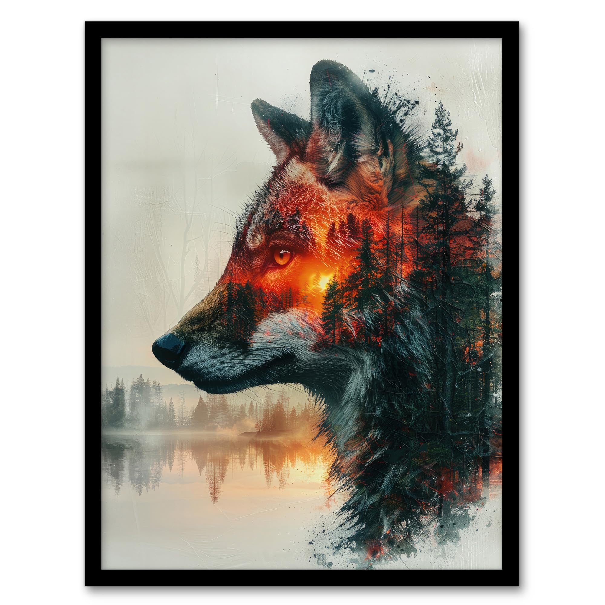Artery8 Wolf Forest Sunset Nature Animal Lover Design For Living Room Artwork Framed Wall Art Print 18X24 Inch