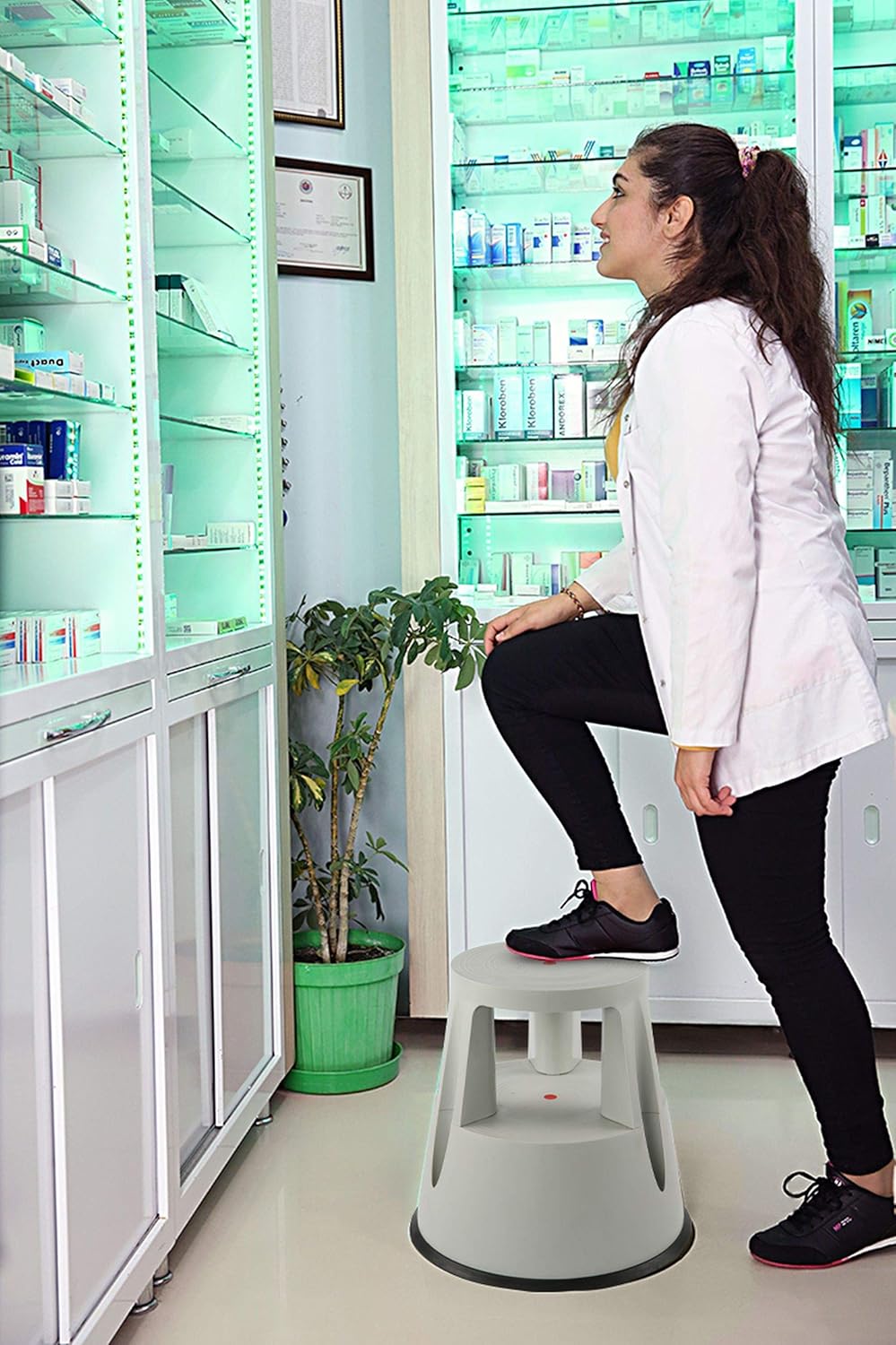 M&T Displays Rolling 2-Step, Plastic Stepstool, Holds up to 330 lbs w/Non-Slip Platform Wheels, Sturdy and Durable Home, Appliance, Ideal for Kitchen, Bathroom, Bedroom (Gray)