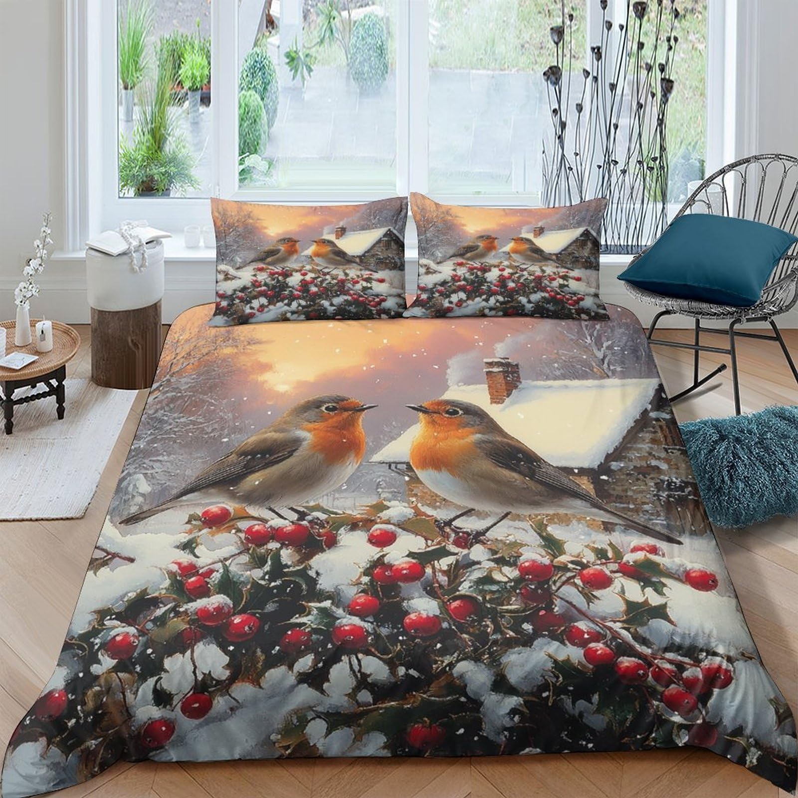 XFKLYNVCJ 3D Printed Winter birds Quilt Cover Breathable Fabric Christmas scene style Bedding Cover Stain Resistant Shrink Resistant Soft Comfortable Machine Washable for Home Use Single（140x200cm）