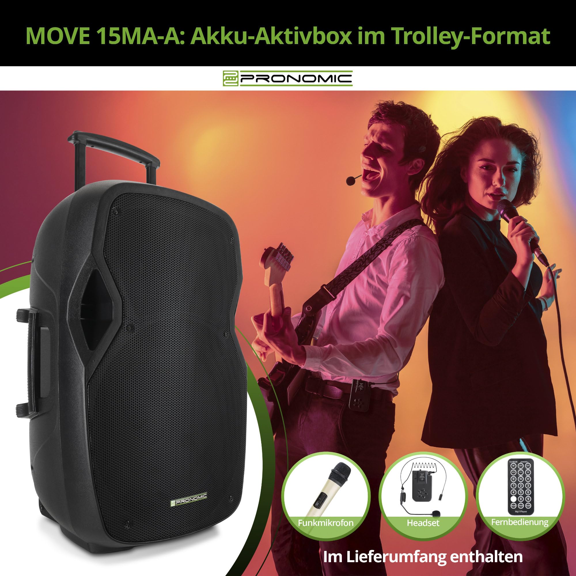 Pronomic Move 15" Partybox - Mobile PA-Anlage Bluetooth Lautsprecher TWS - Musikbox mit leistungsstarkem Akku - Leistung 30W (RMS) - Set inkl. Aktivbox, Funkmikrofon, Headset und Fernbedienung