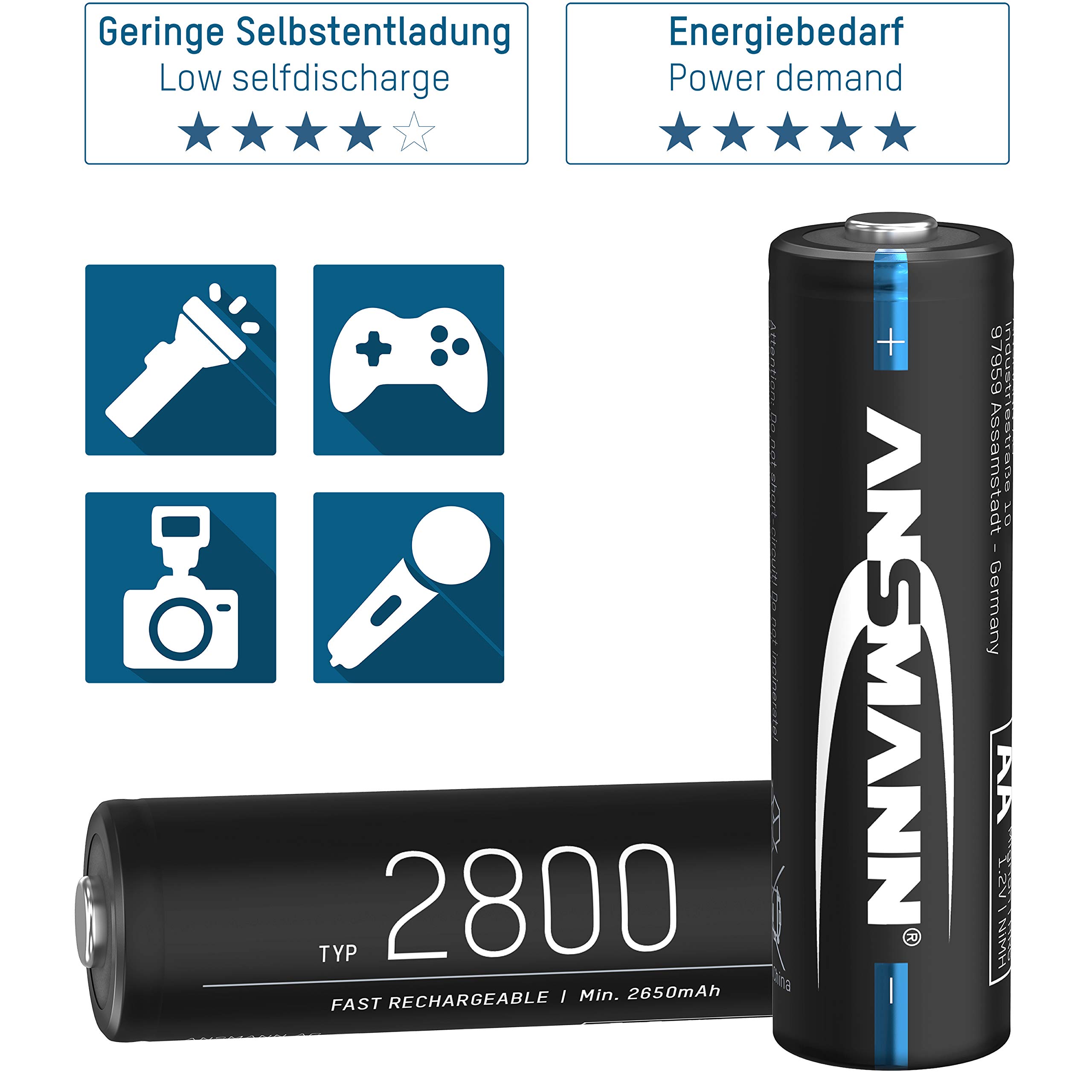 Ansmann für AA/AAA/C/D NiMH Akkus & Li-Ion 18650/26650 Batterieladegerät, schwarz & Akku AA Typ 2800mAh NiMH 1,2V - Mignon AA Batterien wiederaufladbar, Modellbau (8 Stück)
