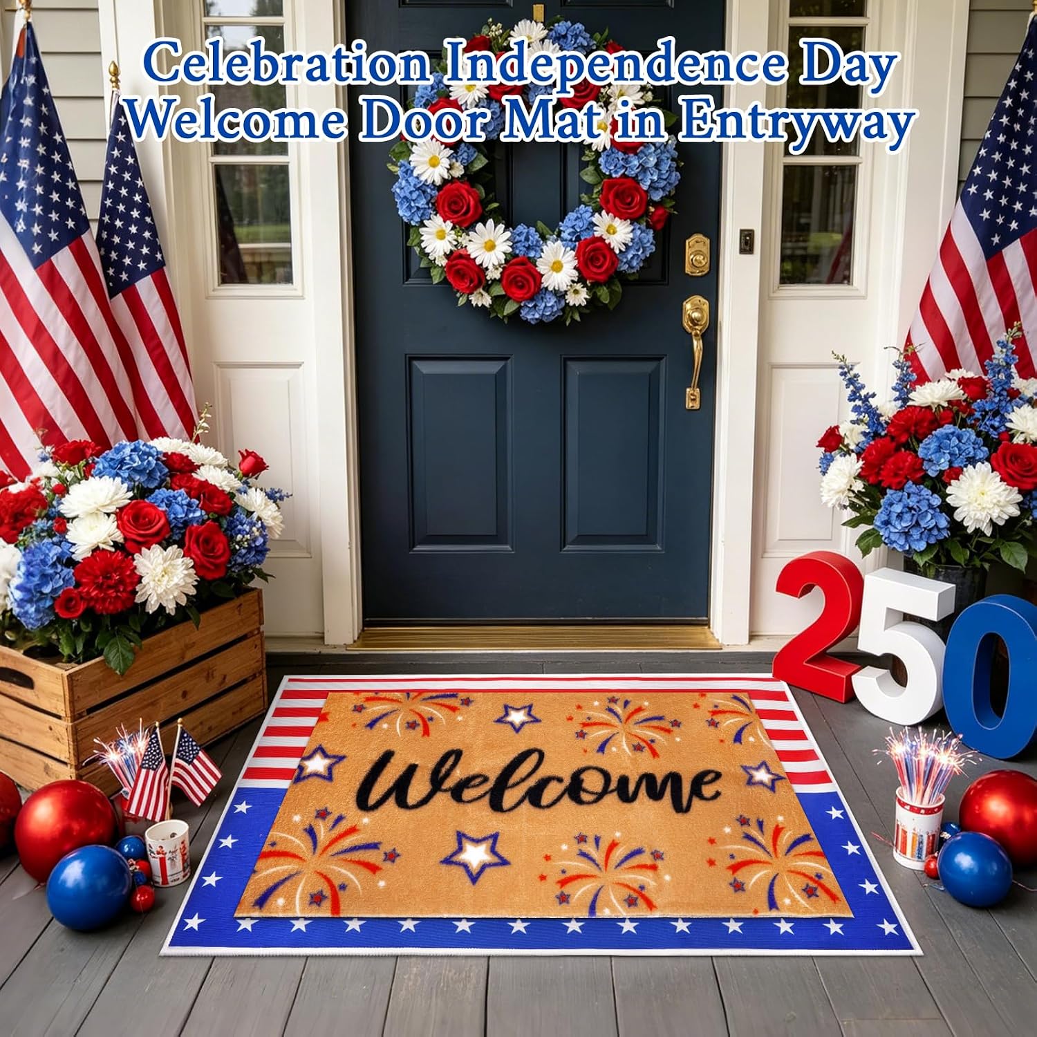 2 Pcs 4th of July Patriotic Welcome Doormat-Outdoor 250th Anniversary America Flag Door Mat with Fireworks,Rubber Non Slip Backing Floor Mats Home Decoration Porch Entryway Entrance Decor