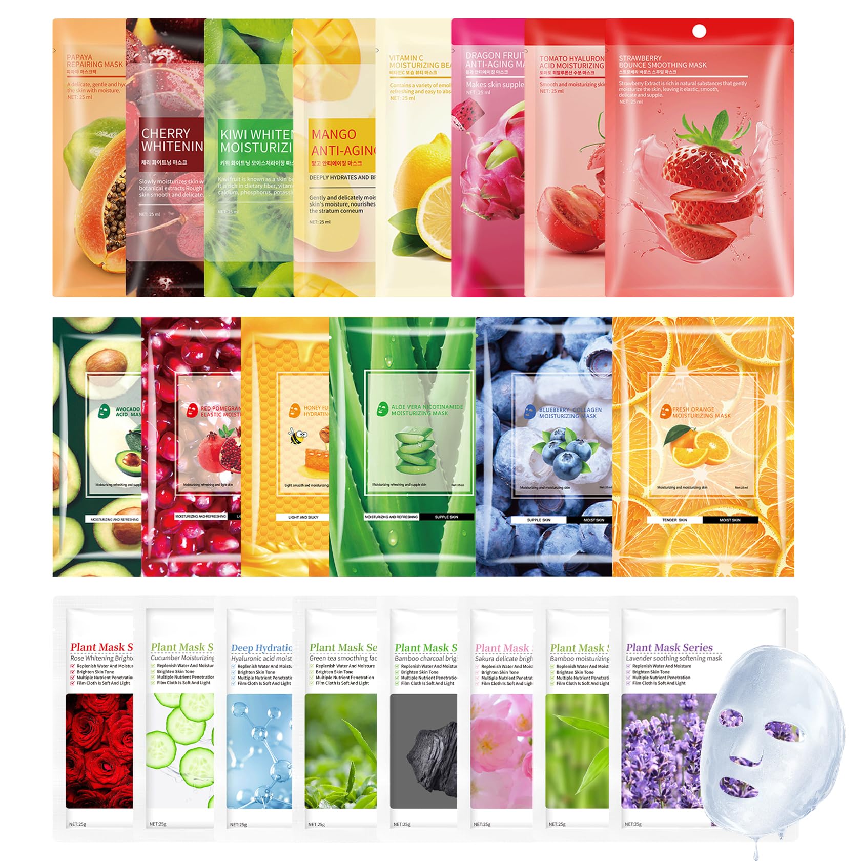 JunKuJK 22 Pack Sheet Face Masks,Hydrating Facial Masks Sets for