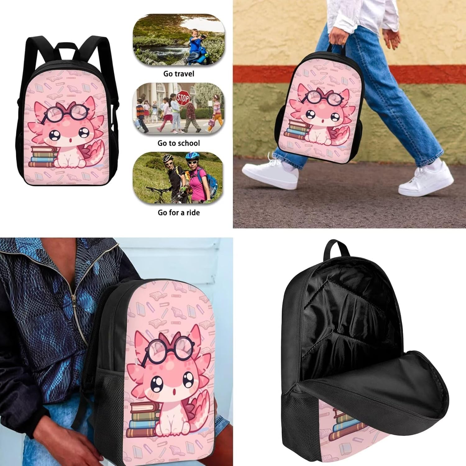 Axolotl School Backpack Set for Boys and Girls Ages 8-12, 17 Inch Bookbag with Lunch Bag & Pencil Case, Lightweight Elementary School Bag