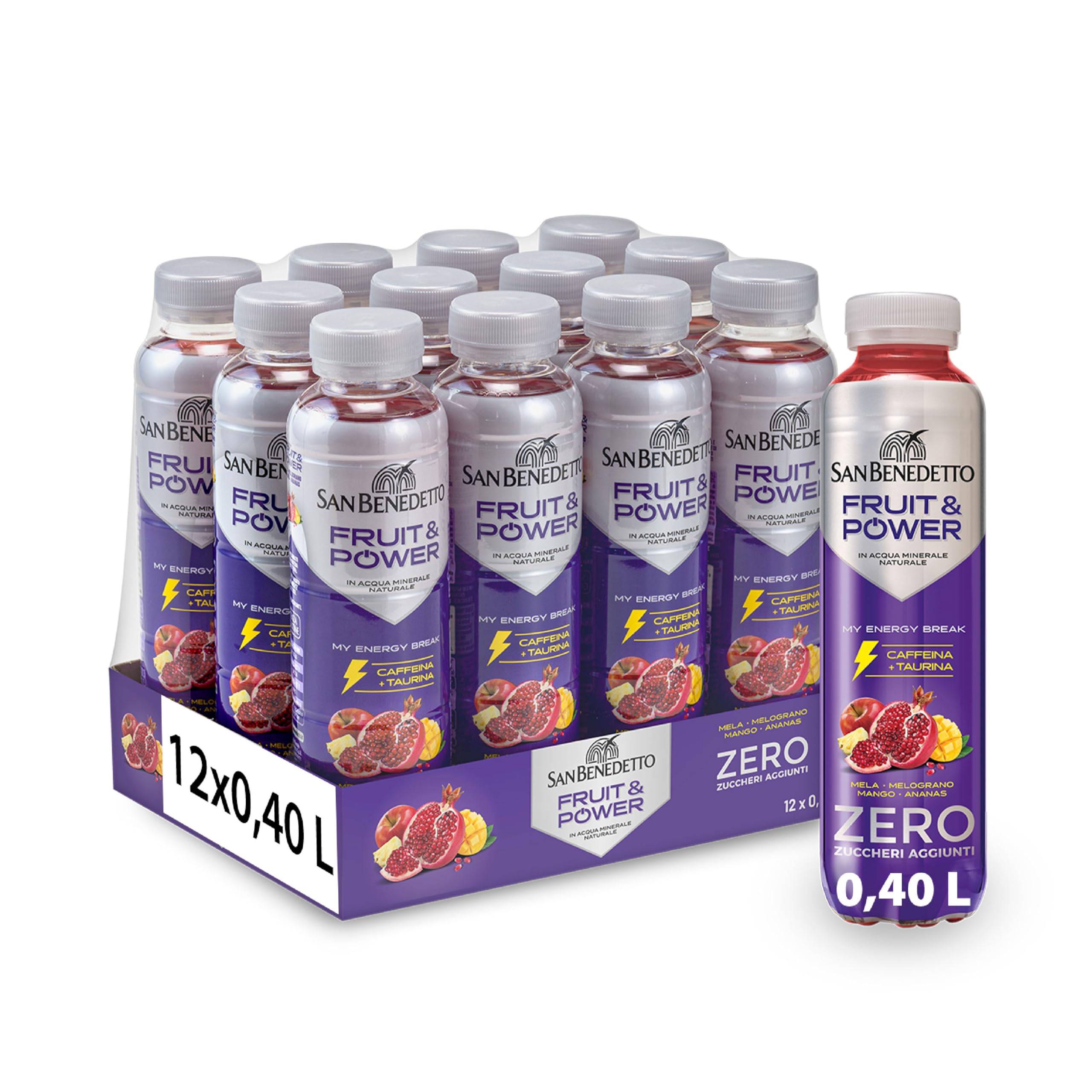 San Benedetto, Energy Drink Fruit & Power Zero, 12x400 ml, Bevanda Energetica a base di Frutta, con Caffeina e Taurina, Zero Zuccheri Aggiunti, un'Alternativa al Caffè Fresca e Gustosa