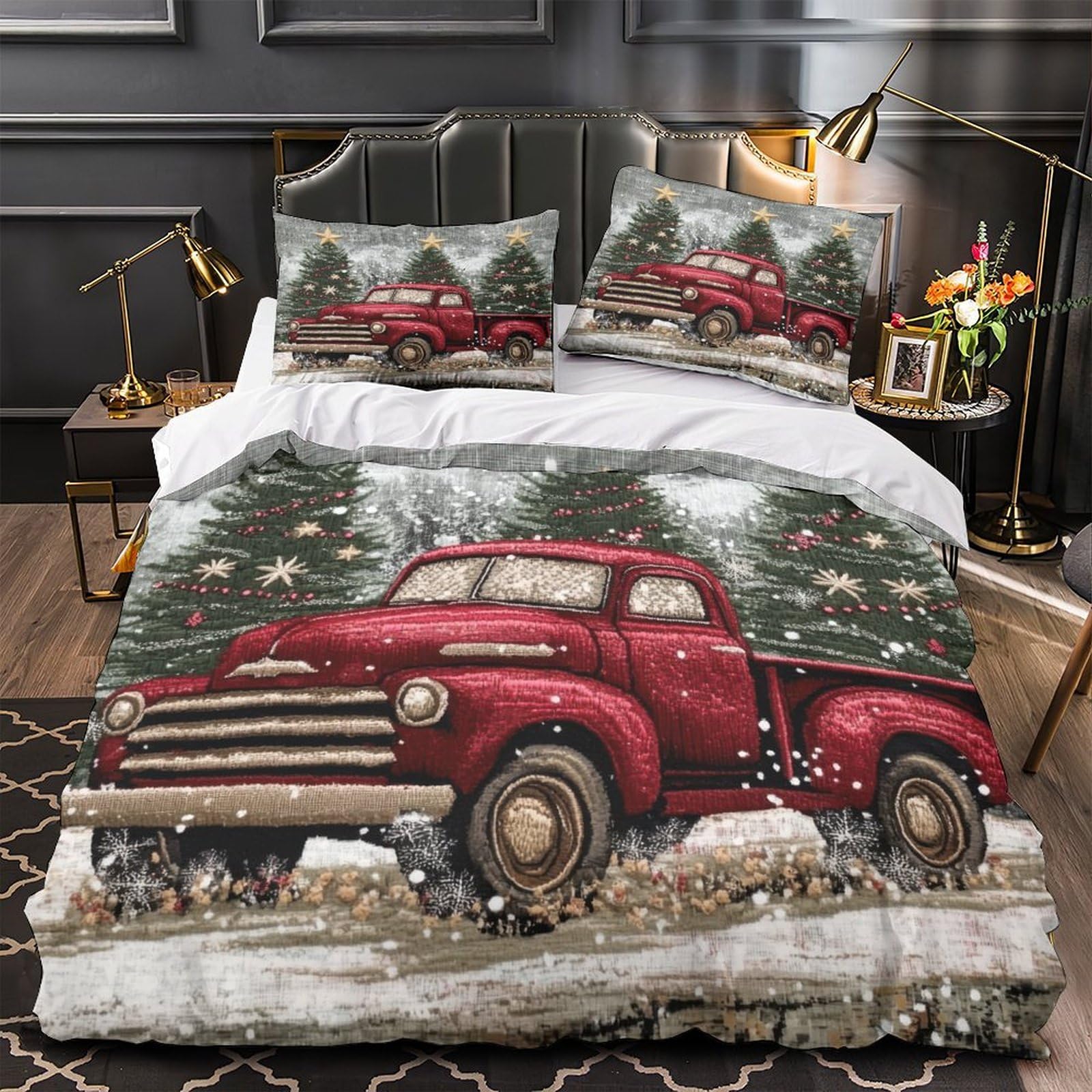 Housse de couette Noël camion vintage 260x220 cm avec ses 2 taies d'oreiller