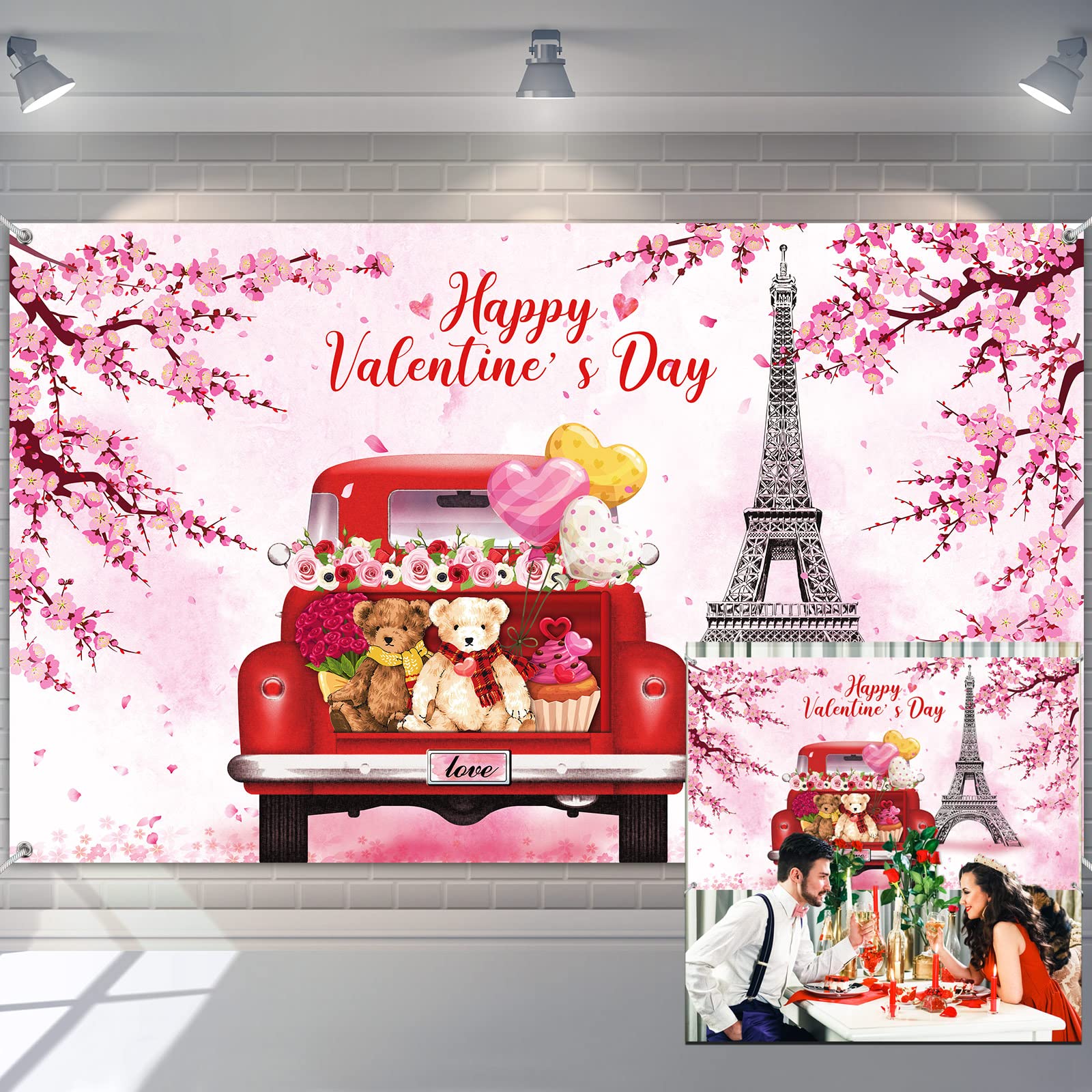 Photo 1 of 72.83 x 43.31 inch Valentine's Day Backdrop Banner Happy Valentine's Day Photography Props Backdrop Large Fabric Pink Flowers Trees Paris Eiffel Tower Banner for Valentines Party Supplies and Decor