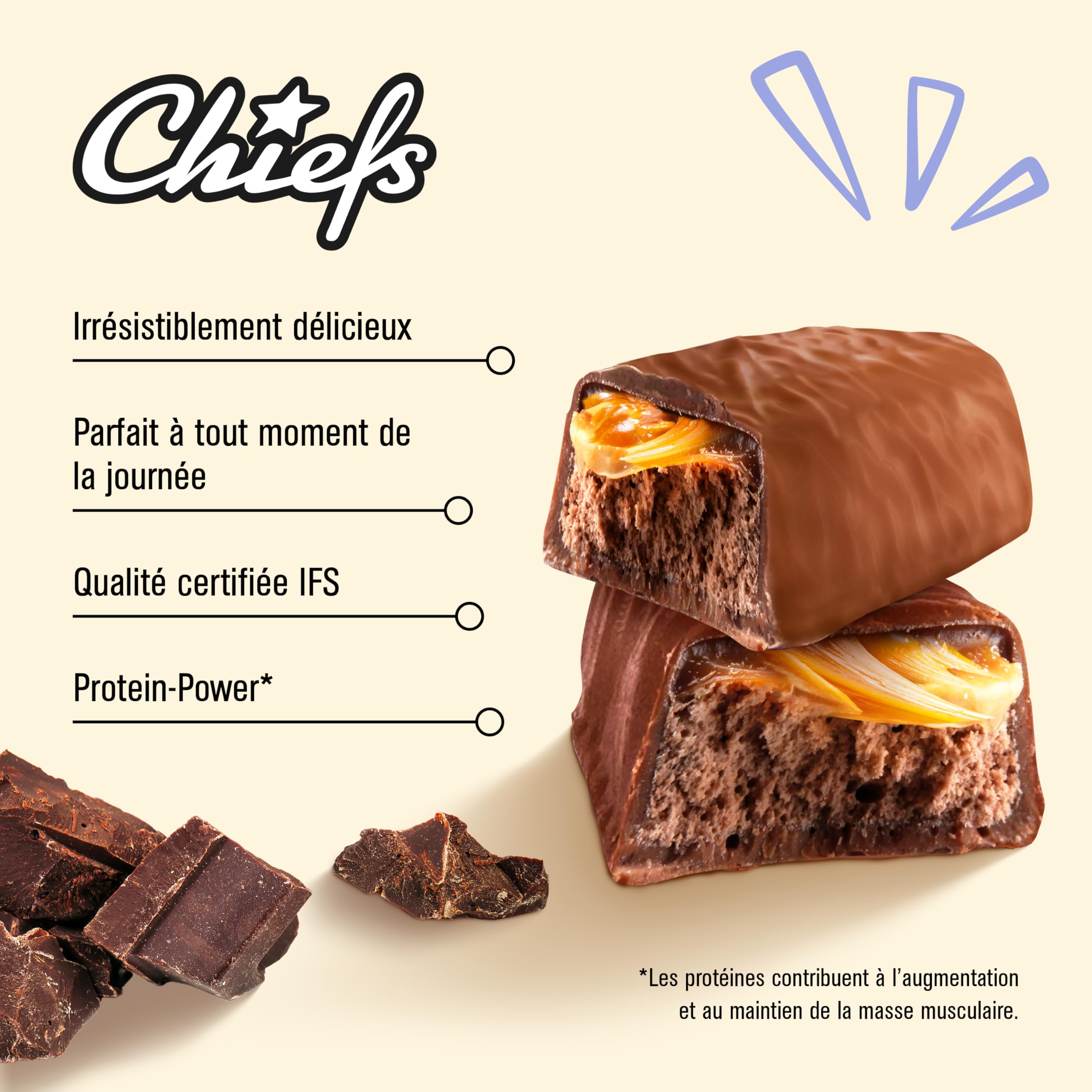 CHIEFS Barre Protéinée Soft - 16g Haute Protéine, Sans Sucre Ajouté, Sans Huile de Palme, Soft Bar Choco Caramel - 15 x 55g