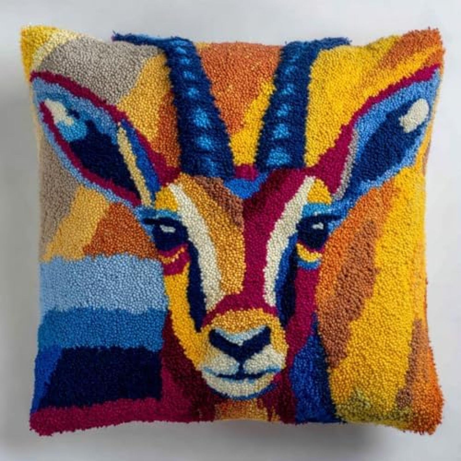 kitphoenix Latch Hook Cushion Cover Kit for Adults,Antelope Portrait,DIY Pre-Printed Punch Needle Embroidery Kit 43x43cm with Yarns & Hooks,Beginner Craft Gift for Women