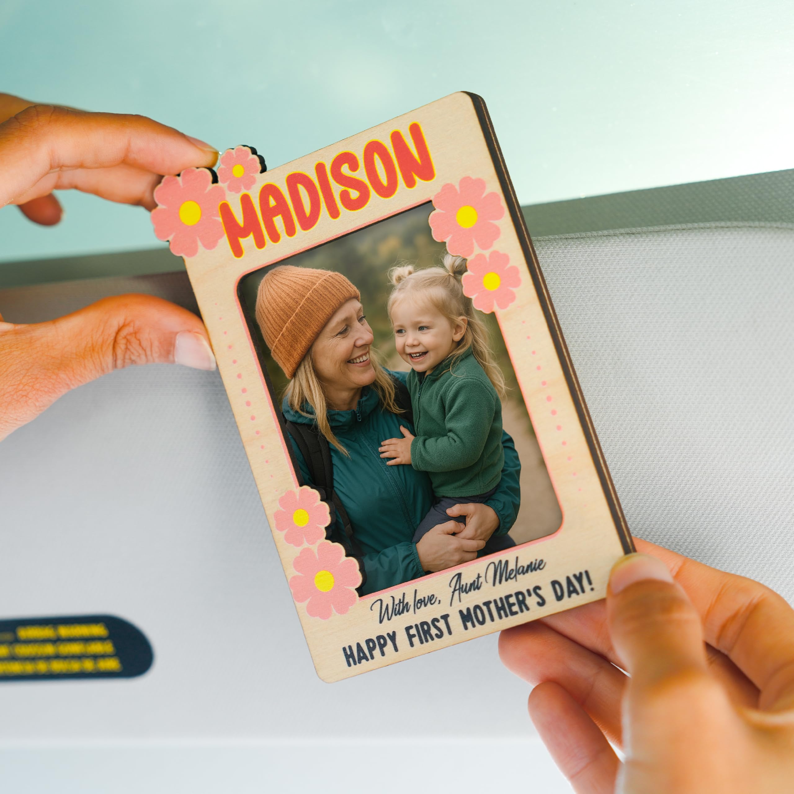 Personalized Mother’s Day Car Visor, Custom Name & Text Fridge Magnet Photo Frame – 3.5x5” Wooden Frame with Floral Design – Gift for Mom, Grandma, Nana, Grammy – 14 Color Options