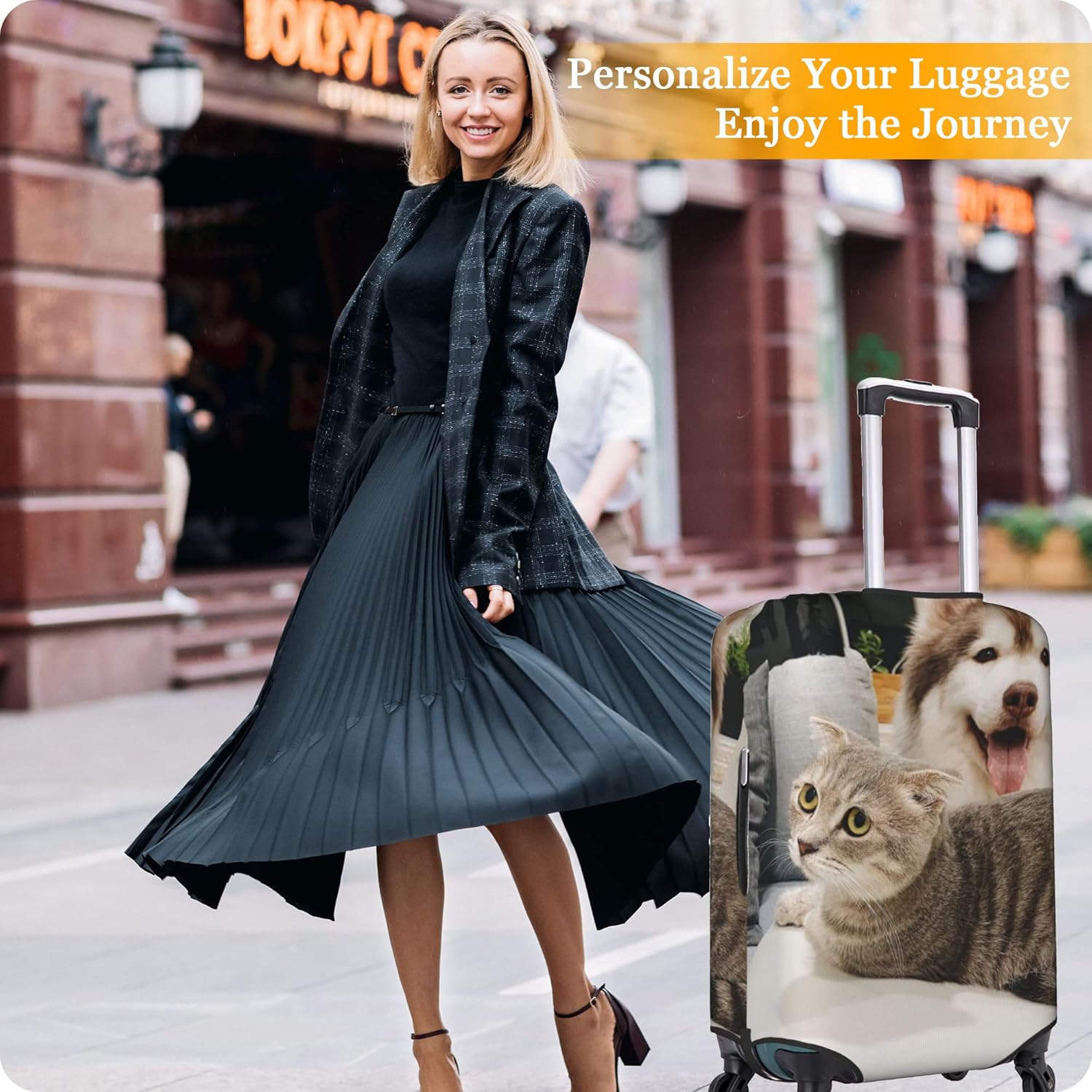 review Custom Luggage Cover Personalized Suitcase Cover Add Your Name Photo Text Logo Customized Double-Sided Printing Elastic Suitcase Protector Washable Anti-Scratch Luggage Sleeve for Travel Business S