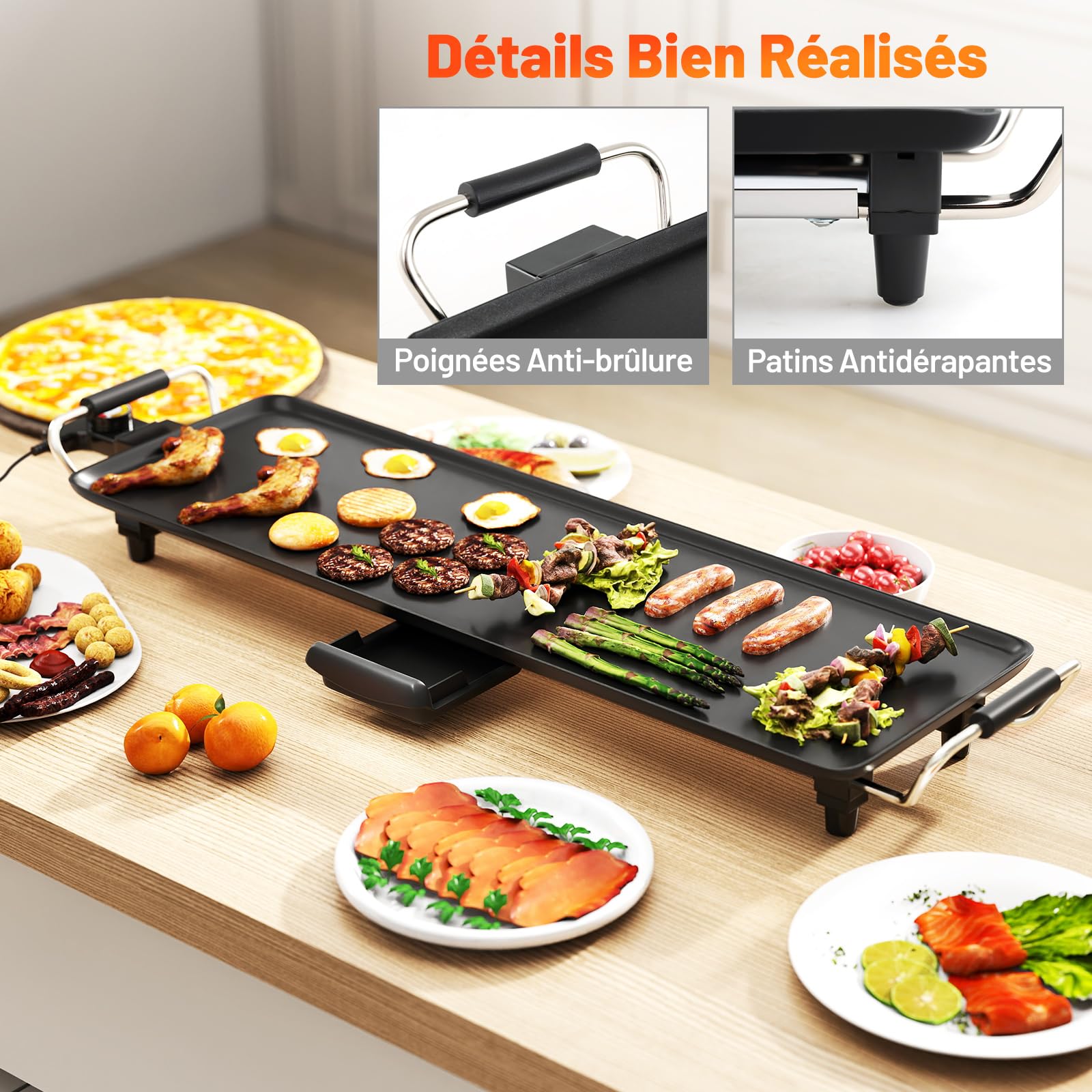COSTWAY Plancha Électrique XL 1800W, Barbecue Electrique avec Revêtement Antiadhésif, Thermostat Réglable, Gril de Table Lavable avec Poignée Rembourrée pour 8 Personnes, 70 x 22 cm, Noir