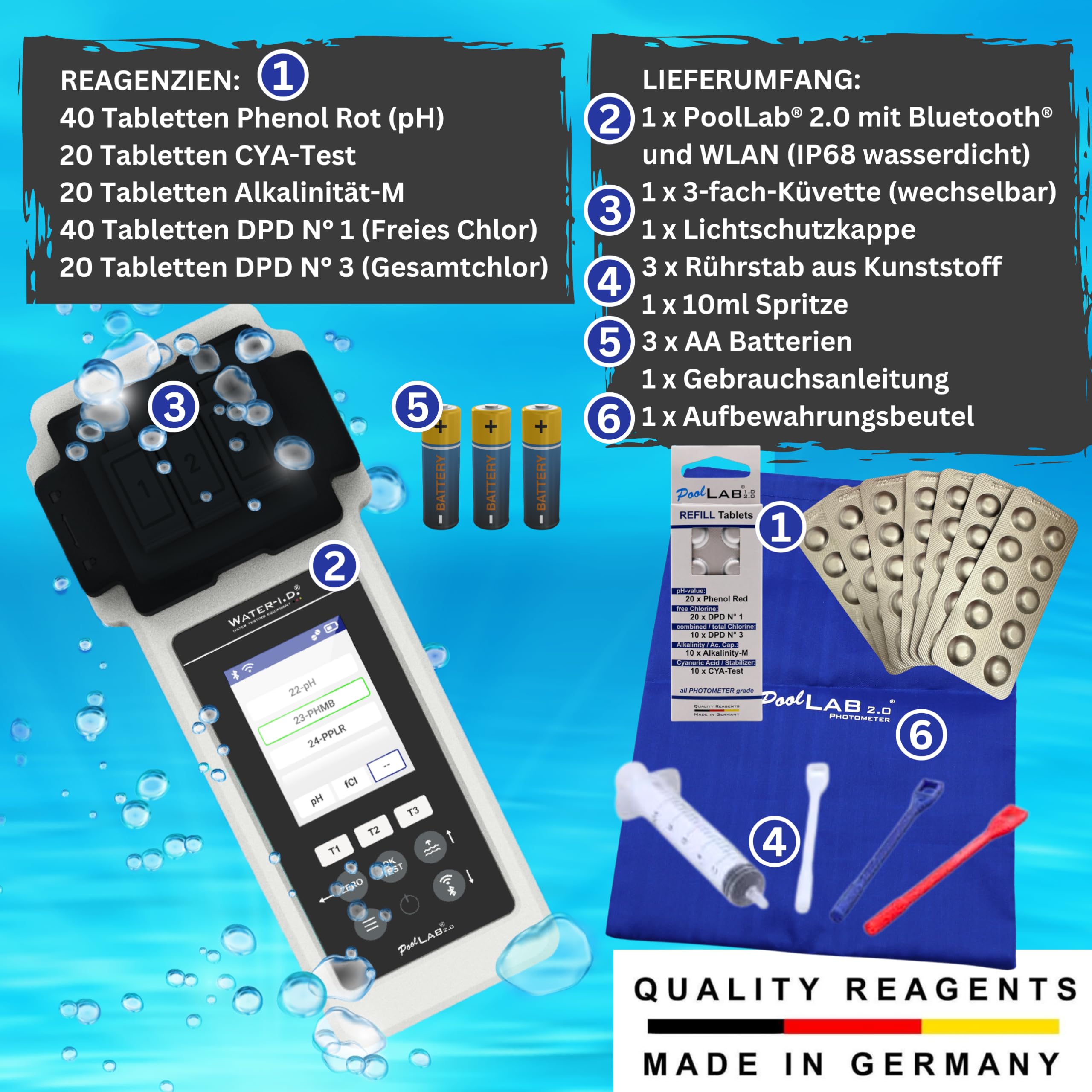 PoolLAB 2.0 Special Edition inkl. 140 Testtabletten - Wassertester für Pools (Photometer) Bluetooth WLAN Pooltester Messgerät Chlor pH-Wert Phenol Red Alkalinity M Cyanursäure