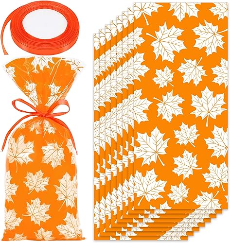 Miniatura 1 de Whaline 160 bolsas de celofán de otoño, hojas de arce, bolsas de regalo naranja con cinta para otoño, Acción de Gracias, cumpleaños, fiestas,