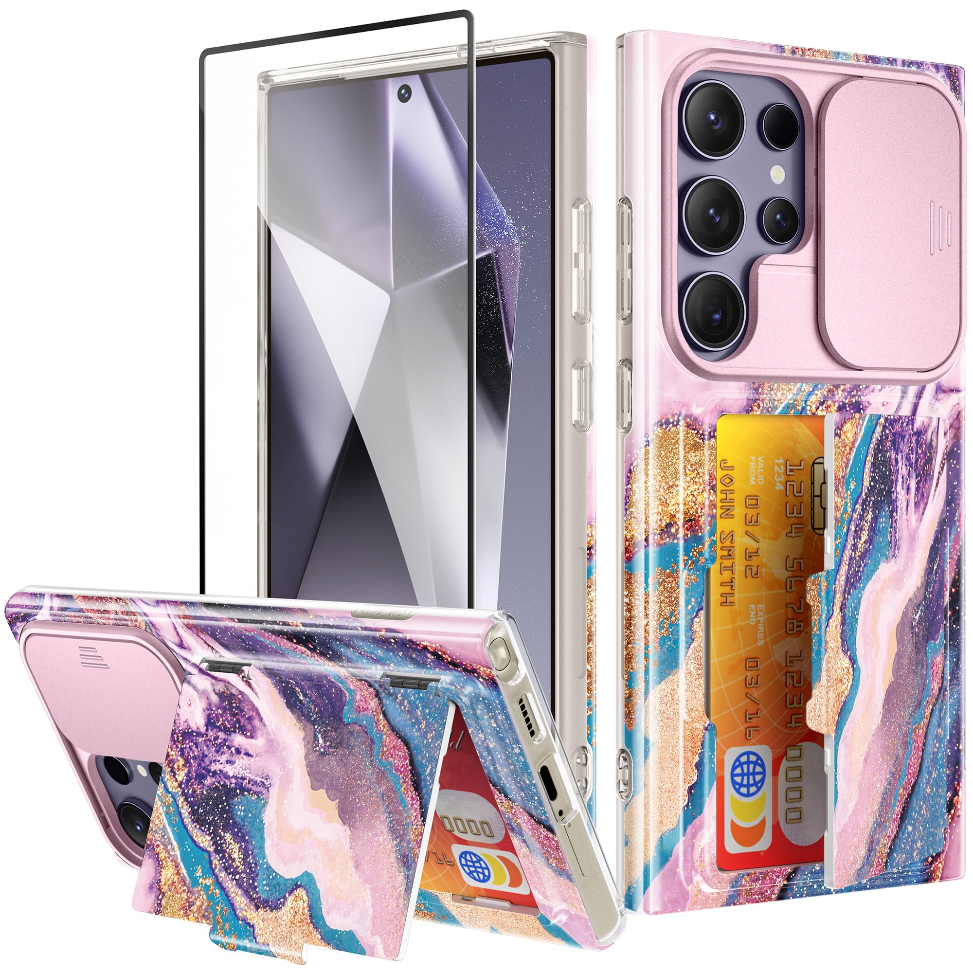 GVIEWIN Designed for Samsung Galaxy S24 Ultra Case with Slide Camera Cover, [Card Holder(3 Cards)] [Screen Protector] Marble Shockproof Protective Kickstand Phone Case 5G 6.8" (Dreamland River/Purple)