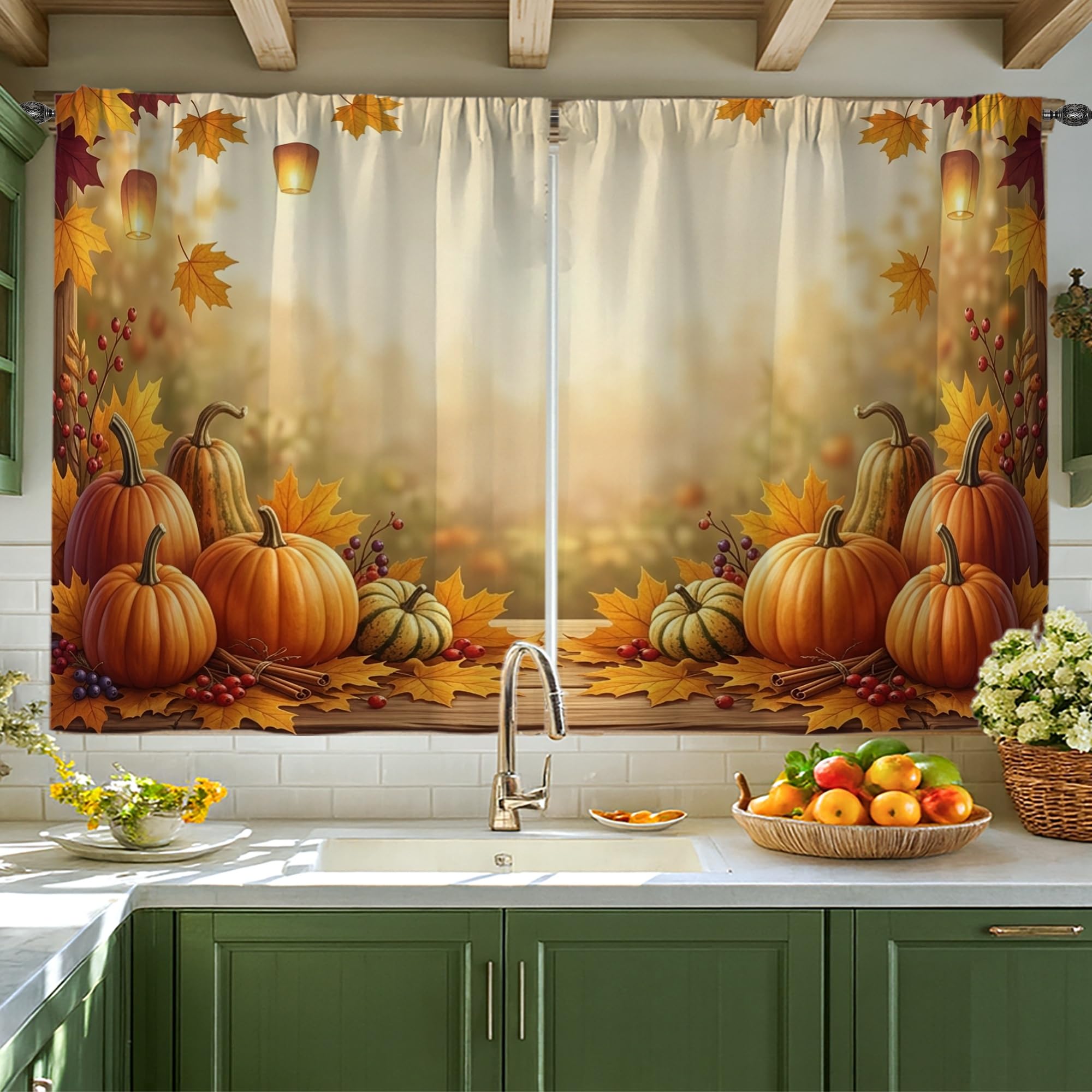 Rideaux de cuisine de style rustique supérieur avec imprimé lanterne saisonnière