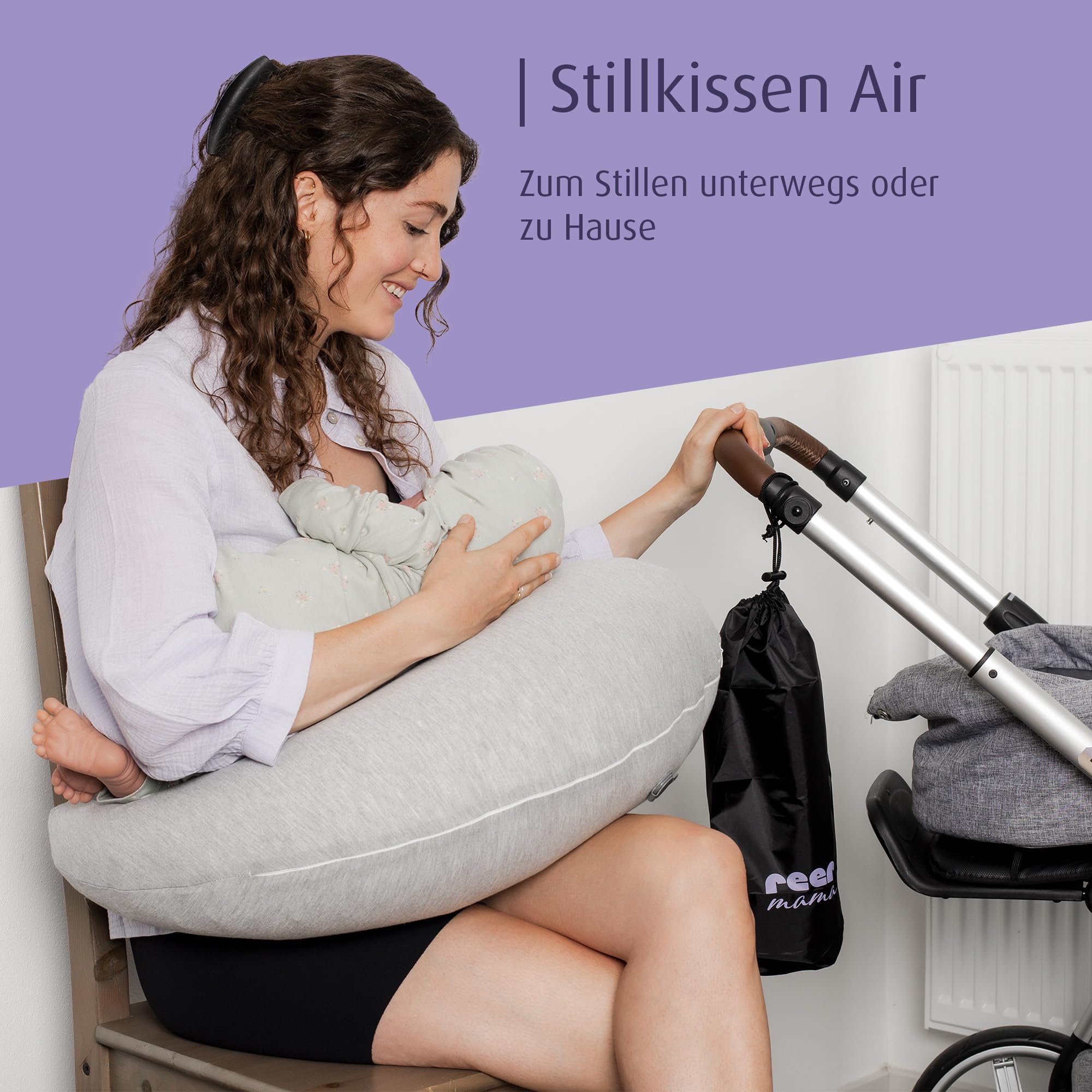 reer Stillkissen to Go, aufblasbares ergonomisches Reisestillkissen in Tropfenform, kleines Stillkissen für unterwegs, Abnehmbarer Bezug - Stillhilfe für Baby und Mama, Bezug dermatest geprüft, Grau