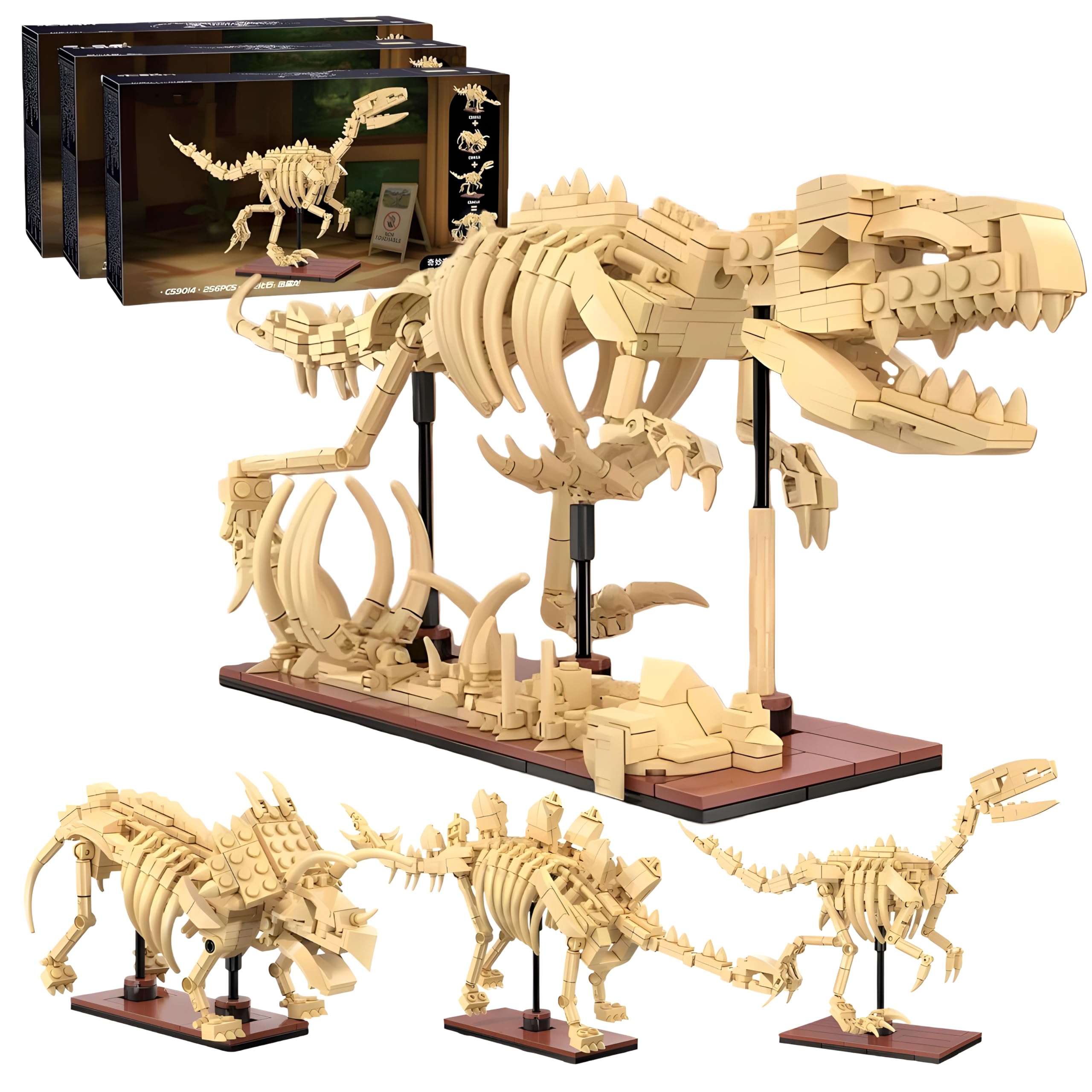 Cbmesmeric 3 in 1 Stegosaurus Dinosaur Skeleton Building Blocks Set, Jurassic Science Tyrannosaurus Rex Dino Skeleton Bone Building Kit for Home Decor & Office, Prehistoric Fossil Model Toys, 825 PCS