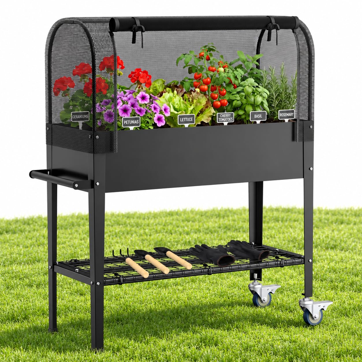 Klesmiun Hochbeet mit Gewächshausabdeckung, erhöhter Pflanzkasten aus verzinktem Stahl, mobiles Gartenbeet mit Rollen und Ablage, Gemüsebeet Kräuterbeet für Balkon Garten Terrasse