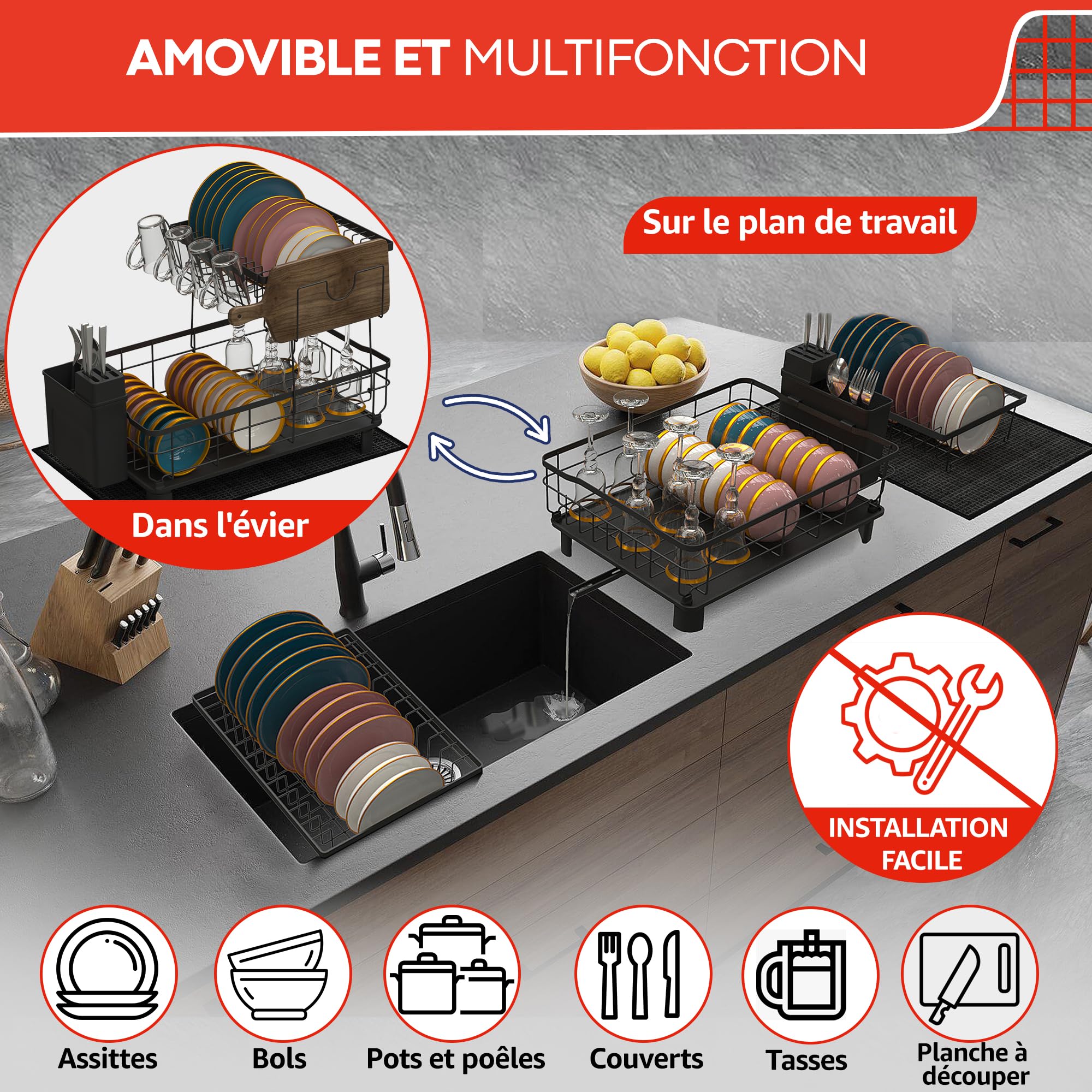 Dish Drainer on Sink with Absorbent Dish Mat and Automatic Drainage System to the Kitchen Sink – Kitchen Sink Organizer (2 Levels)