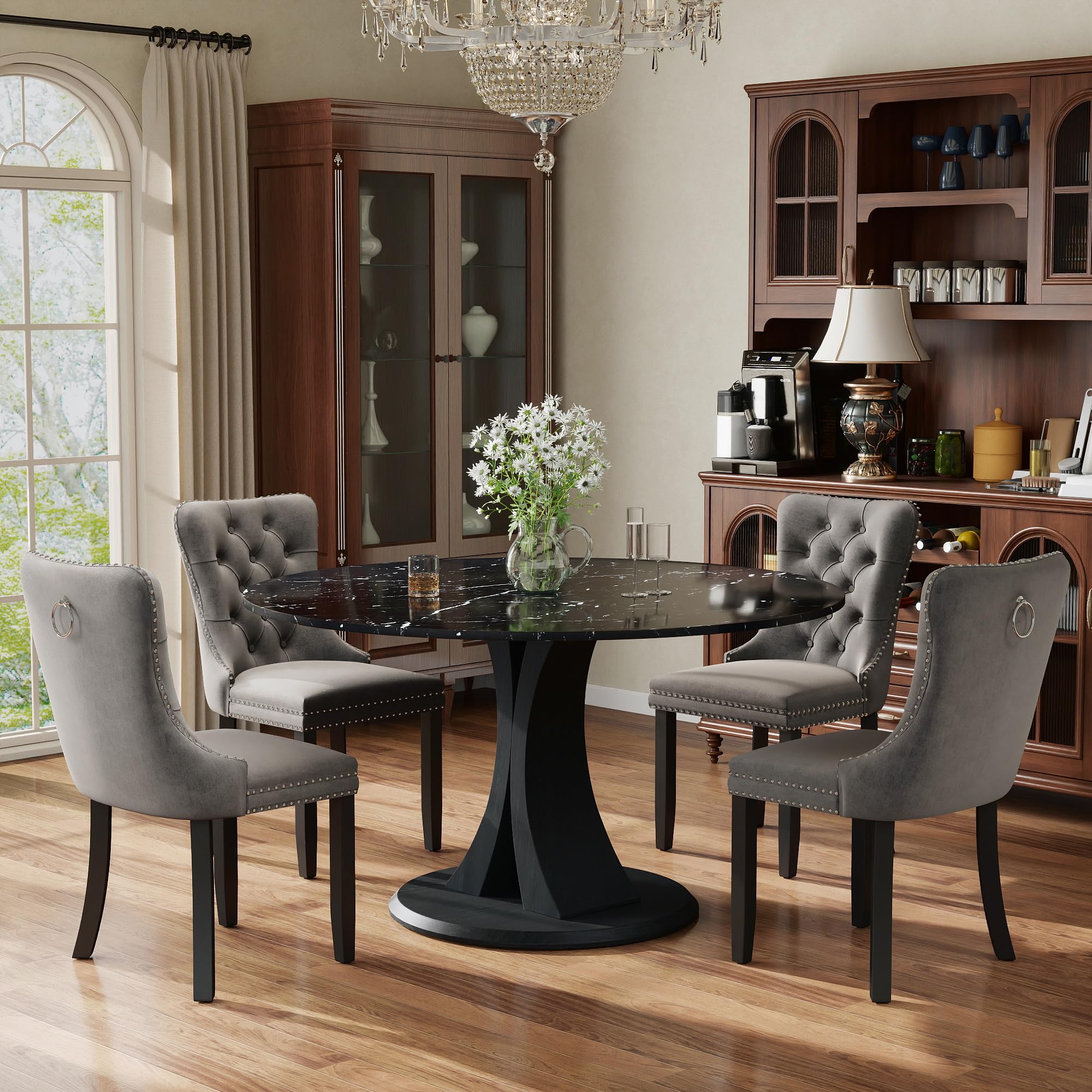 5-Piece Dining Table Set for 4 with 47 In Black Faux Marble Round Table