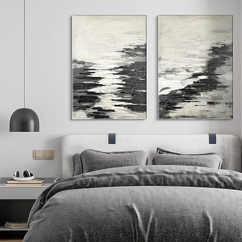 Miniatura 6 de ArtbyHannah Paquete de 2 pinturas al óleo abstractas verticales abstractas de 20 x 28 pulgadas, pintadas a mano en blanco y negro en 3D para
