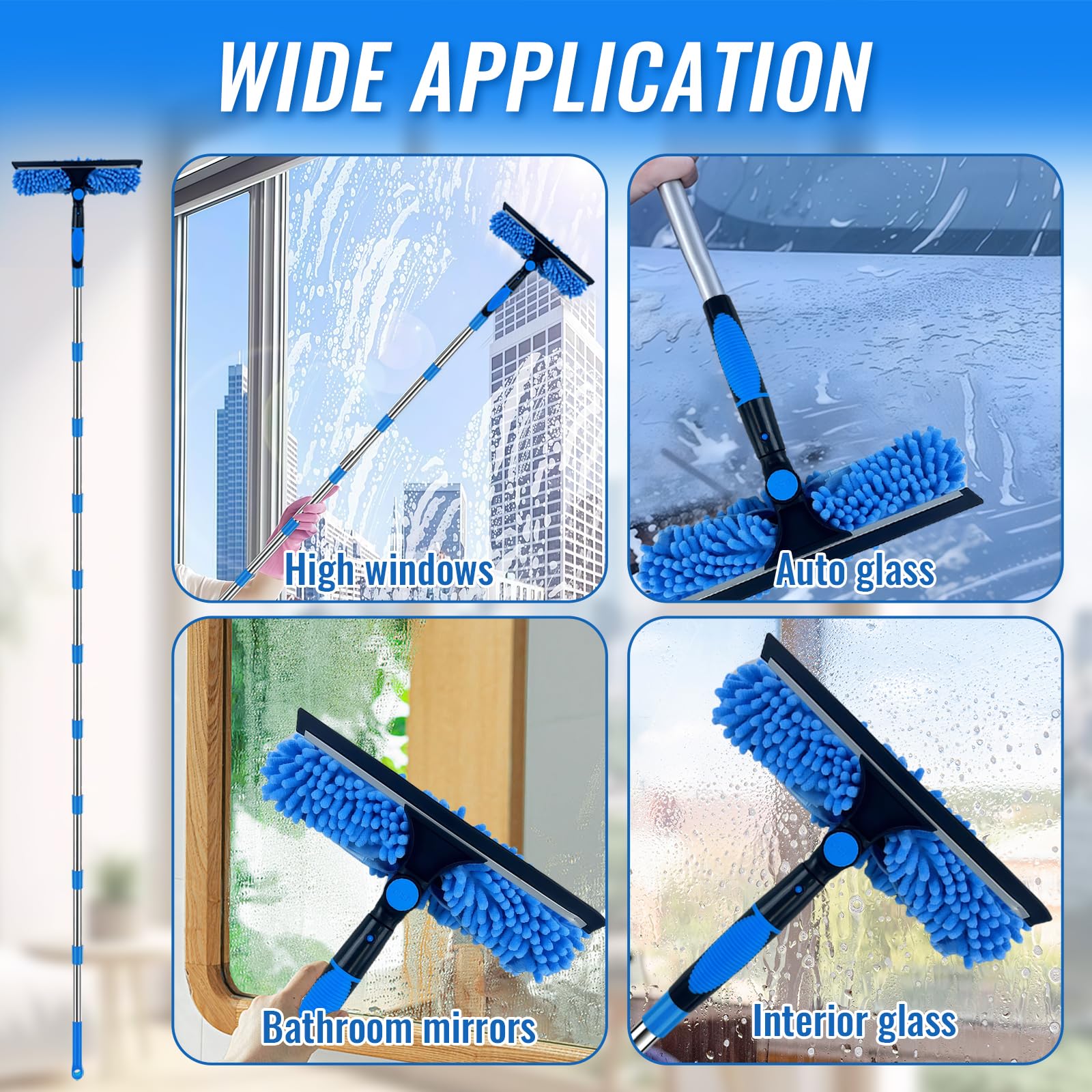 Kit de limpieza de ventanas extensible de 450 cm, limpiador profesional de cristales con paños de microfibra y chenilla, mango telescópico, limpiador de ventanas sin rayas
