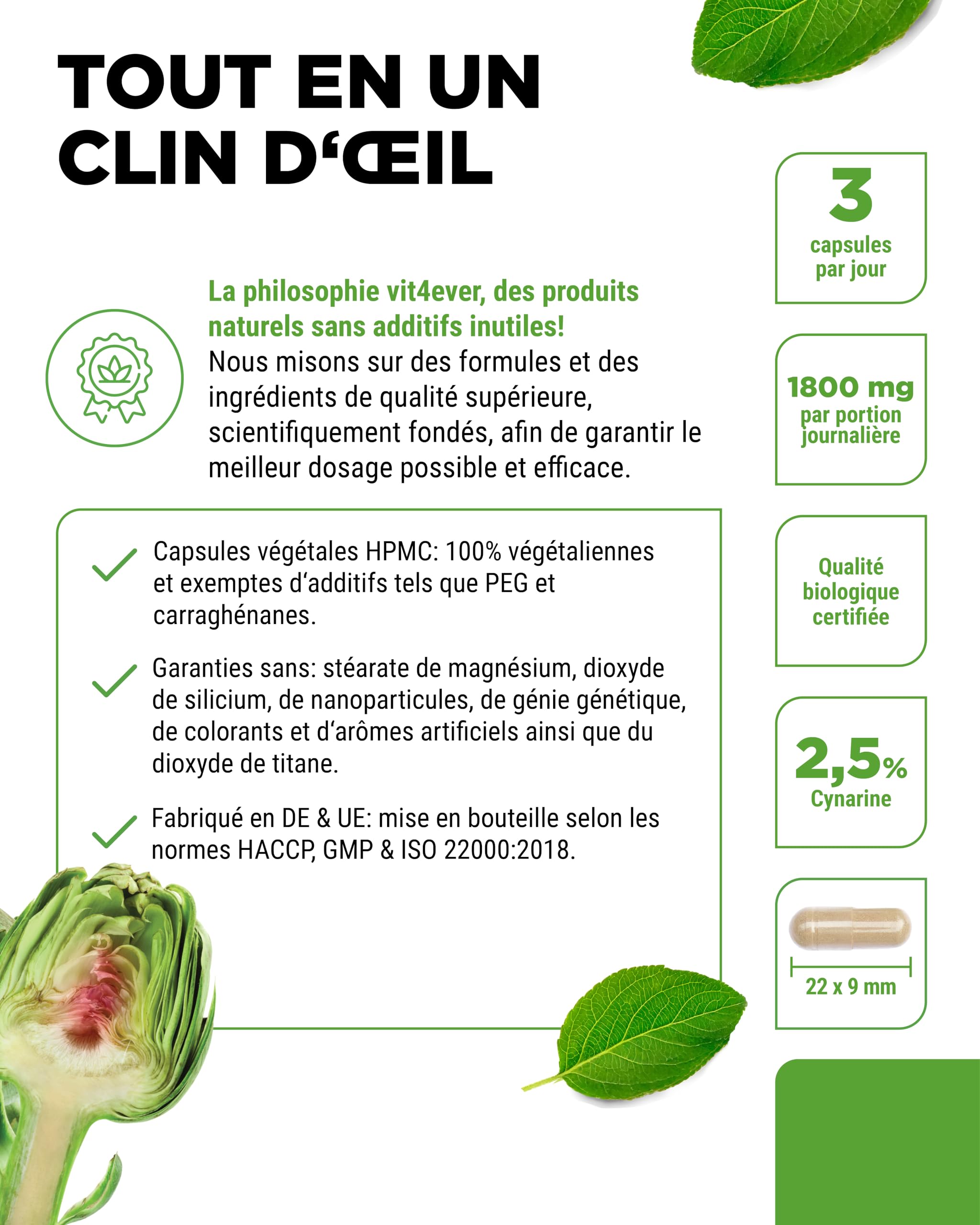 vit4ever Extrait d'Artichaut Bio - 240 capsules - 1800 mg par Dose Journalière (2,5% Cynarine) - Véritable Extrait d'Artichaut 20:1 - Qualité Bio - Hautement Dosé - Vegan