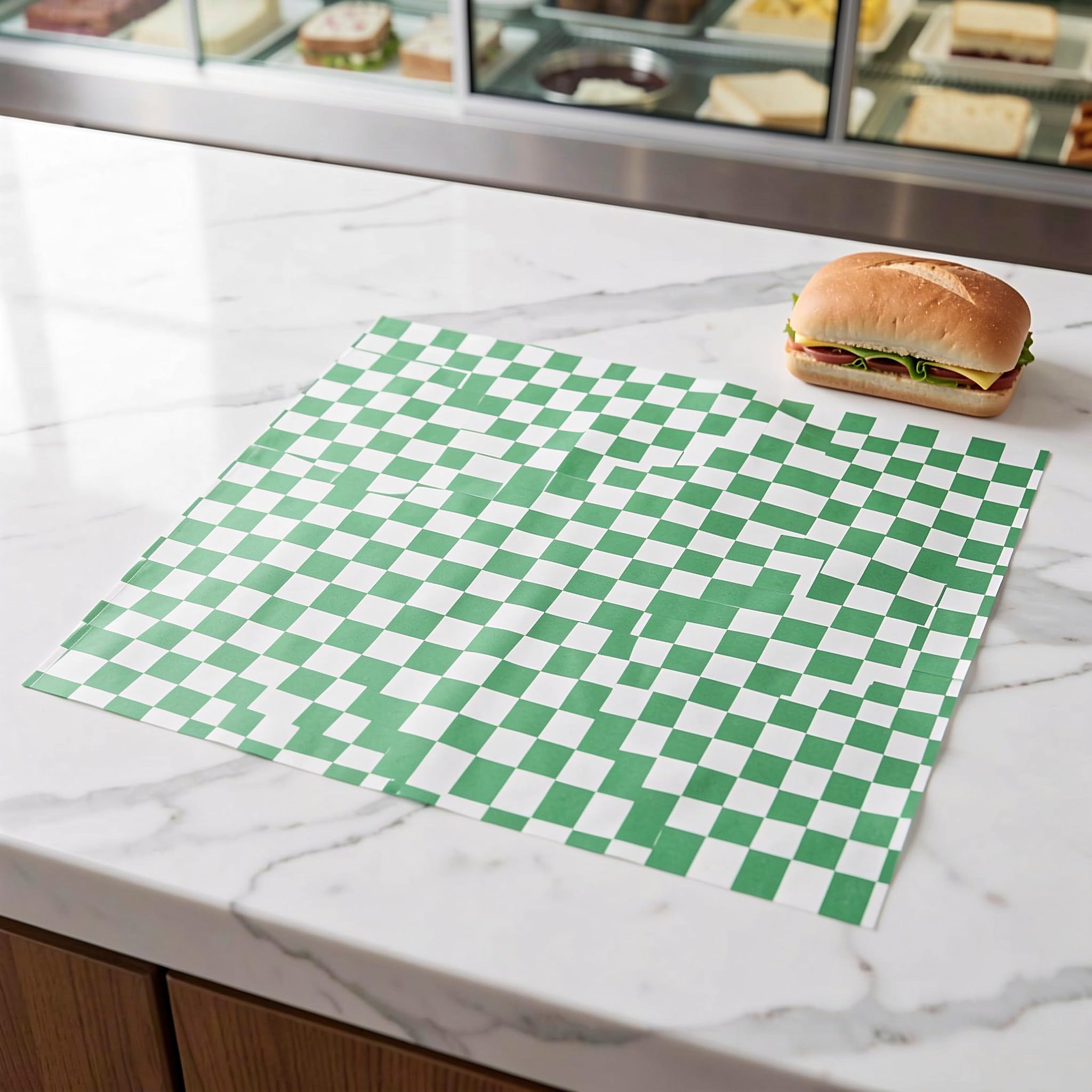 OSALADI 200 szt. arkuszy papieru do pakowania żywności – jednorazowe, | Papier do pieczenia 11,8'' do burgerów i kanapek – w kratkę, do koszyka na żywność, zielony
