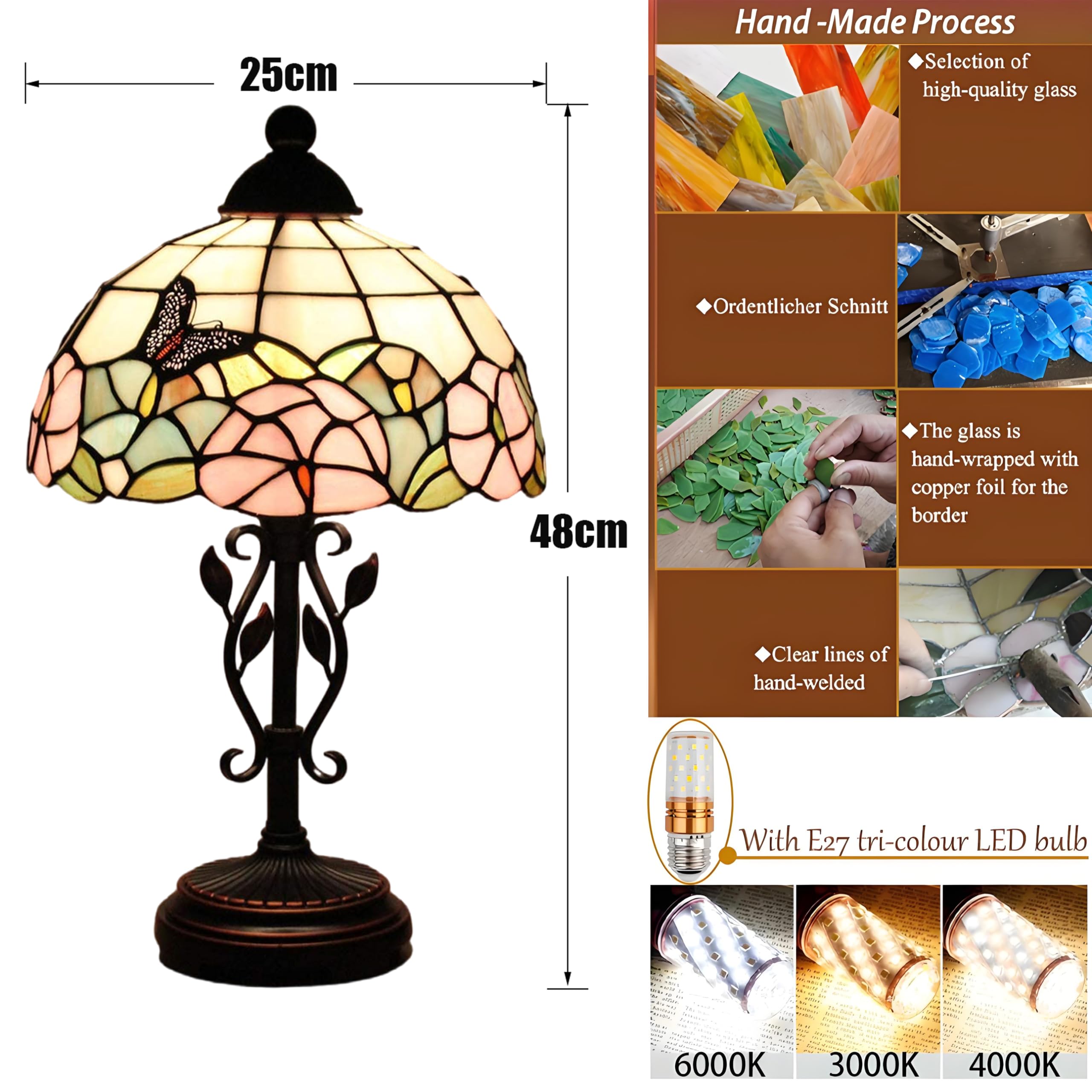 Tischlampe im Tiffany Stil,Vintage Nachttischlampe Schlafzimmer Deko Lampe,Jugendstil Tischleuchte,Butterfly buntglas lampenschirm 25cm / 10 Zoll,Harz-Basis mit Kabel und E27 LED Birne(B)