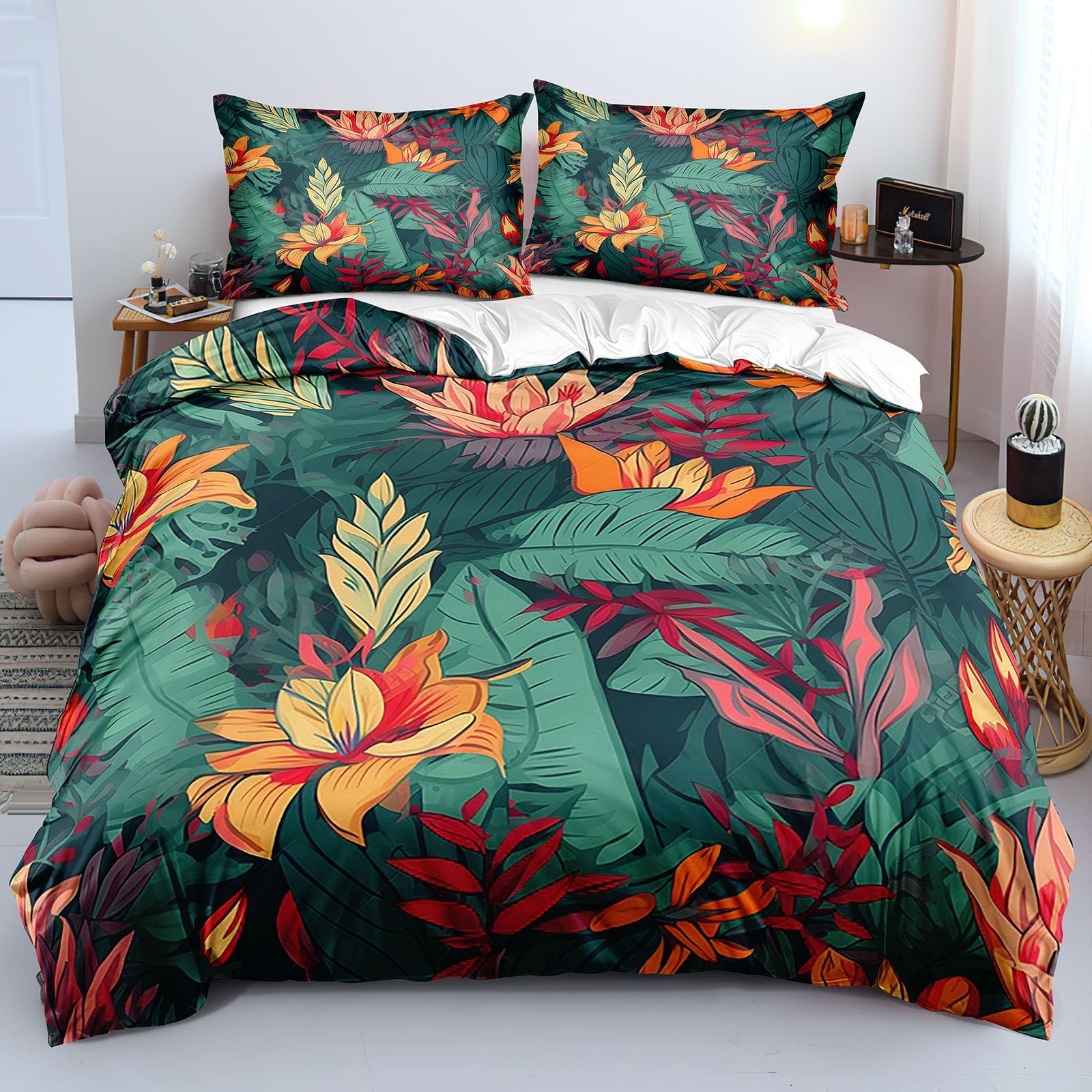Parure de lit lavable motif feuilles 230x260 cm housse légère anti-plis