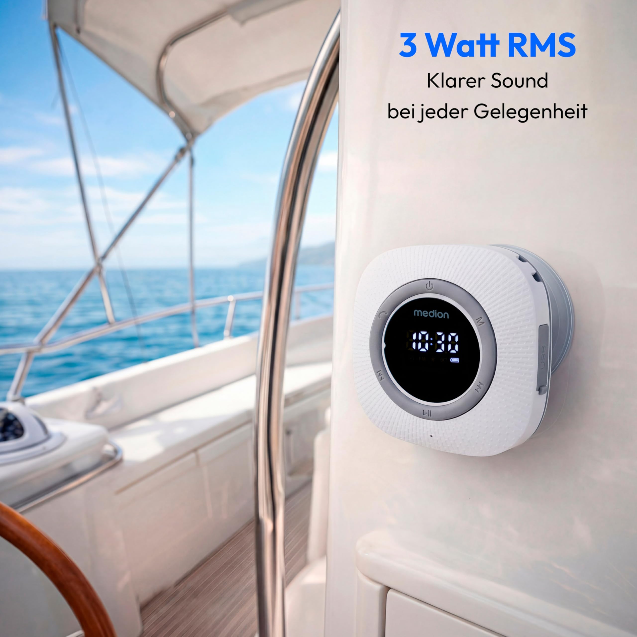 MEDION S66884 Duschradio mit Bluetooth (Badradio, UKW Radio, Saugnapf, LED-Display, IPX6 Wasserdicht, integrierter Akku, MD43884) weiß