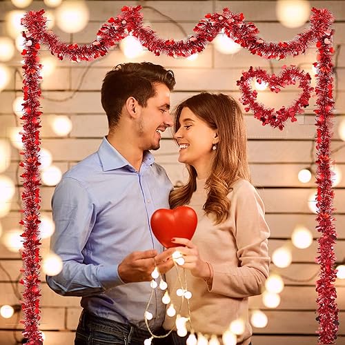Miniatura 5 de Guirnalda de oropel de oropel de corazón de San Valentín de 328 pies guirnalda de oropel metálica brillante para colgar guirnalda de corazón rojo
