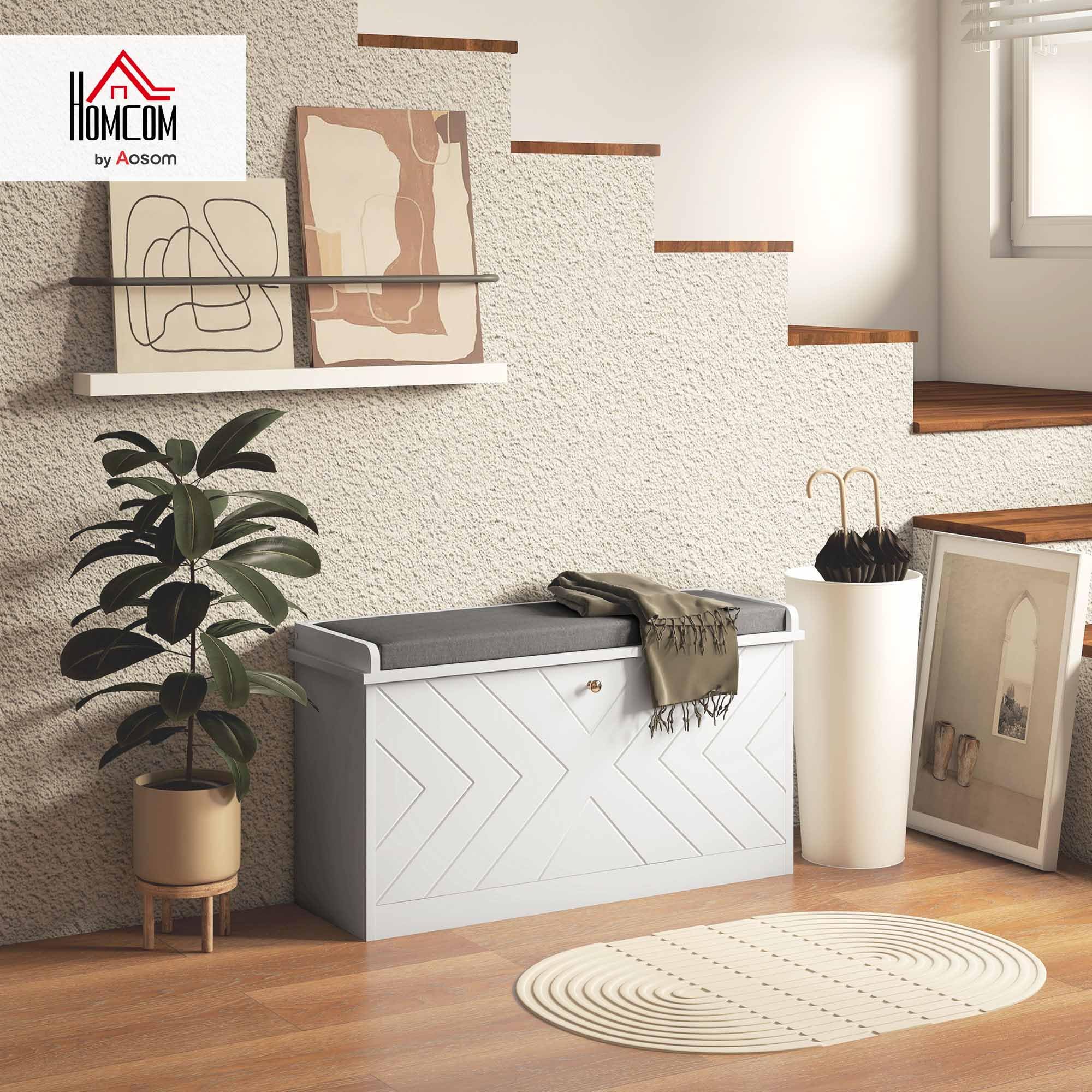 HOMCOM Banco Zapatero con Asiento Moderno de Madera 80x26x48 cm Blanco | Banco con Almacenaje, Mueble Zapatero, Estantes Ajustables, Cojín Acolchado, para 8 Pares de Zapatos, Entrada Recibidor