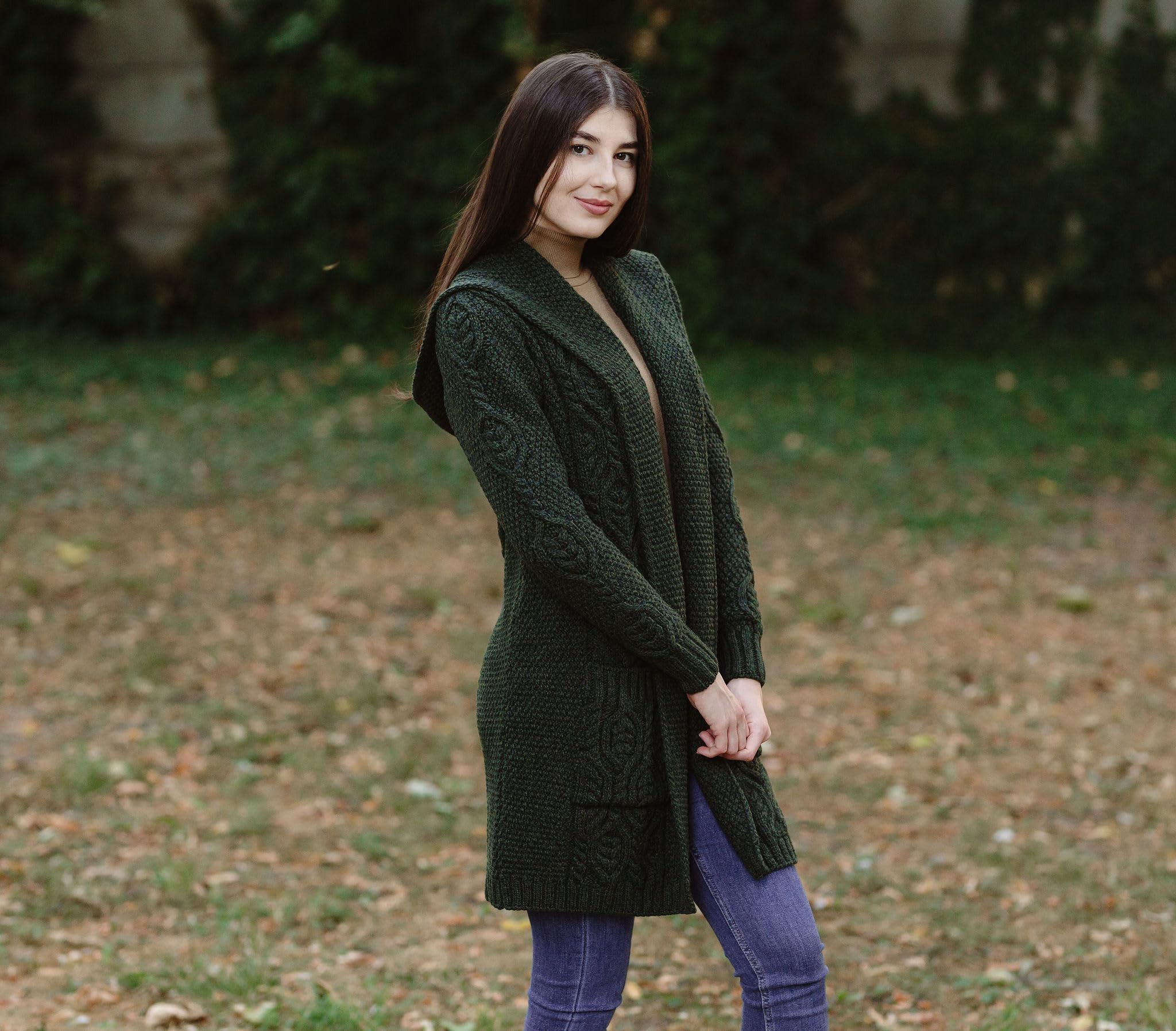 SAOL Cardigan Long à Capuche 100% Laine mérinos pour Femme Coupe Classique Irlandaise