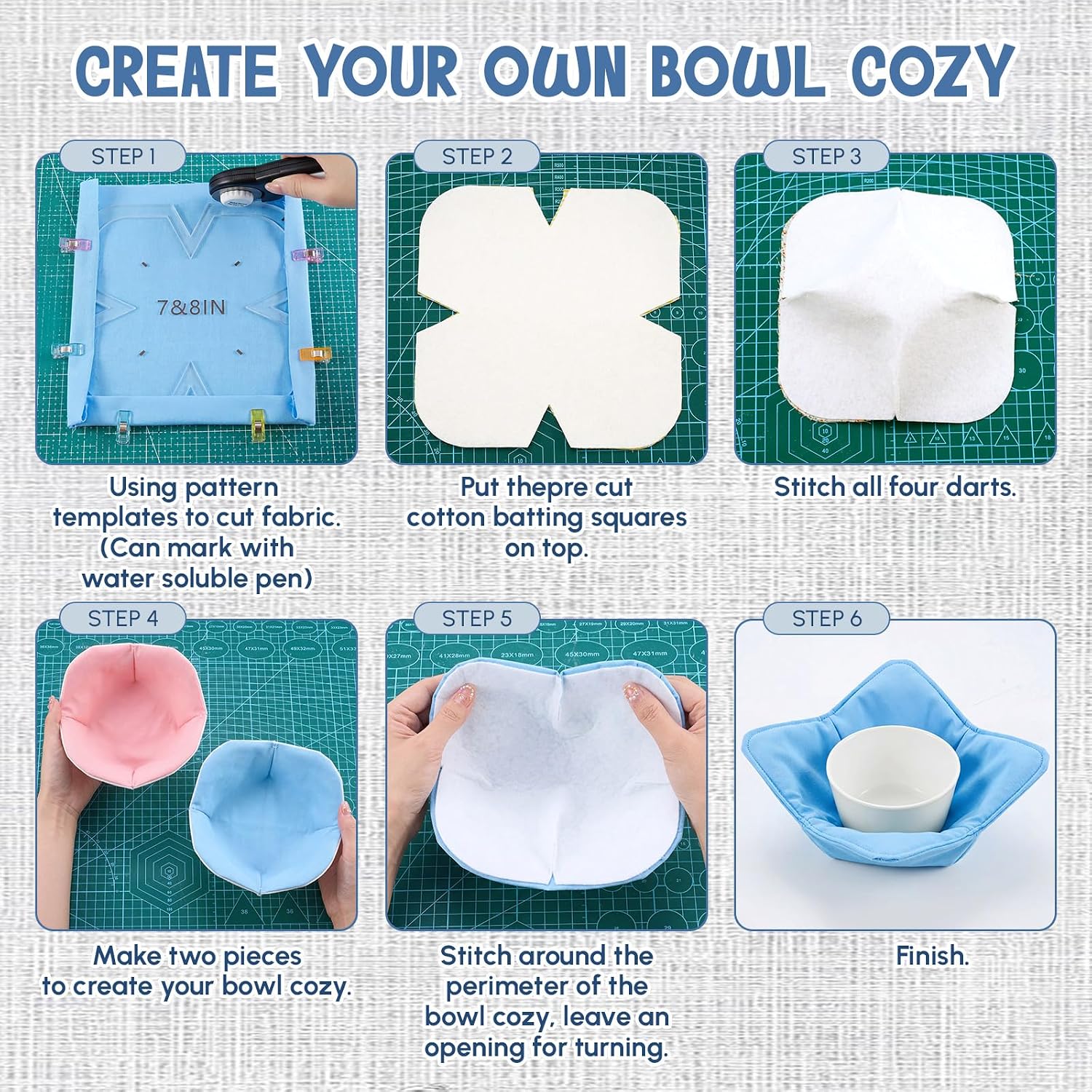 Teenyyou 82 Pcs Bowl Cozy Template Set,7/8/9/10 Inch Acrylic Bowl Wrap Sewing Pattern Templates,Cozy Pre Cut Batting Quilt Fabric and Multipurpose Clips for Sewing DIY, Microwave Safe (Solid Color)