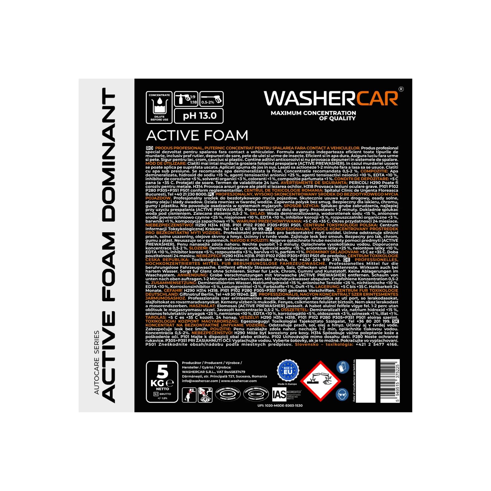 WasherCar Active Foam Dominant 5KG–pH 13,0 Powerschaum Konzentrat | Schaumlanze & Hochdruckreiniger | Alkalischer Vorreiniger | Entfernt Schmutz, Salz & Insekten | Berührungslose Vorwäsche | 1:18=95L