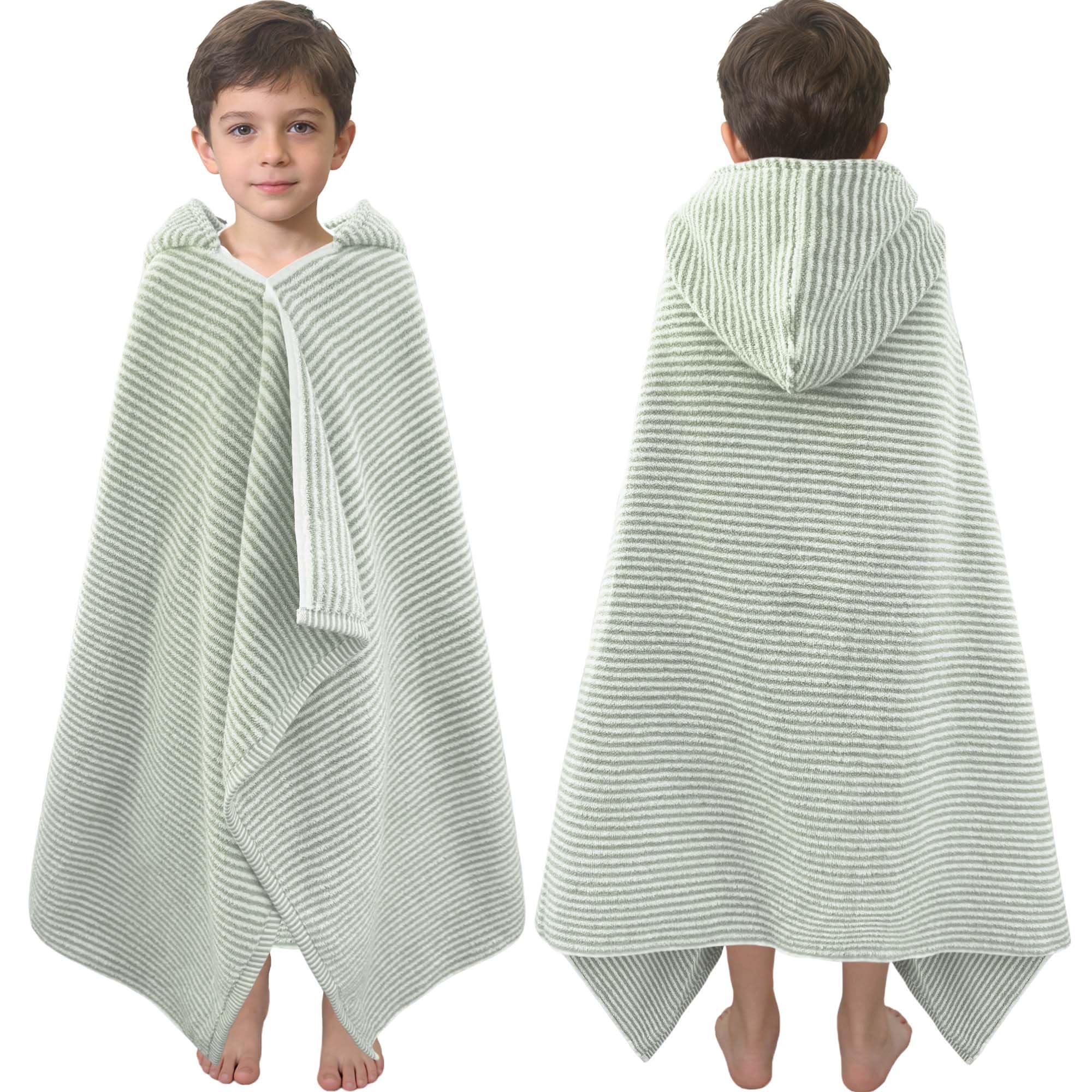 VOOVA & MOVAS Hooded Bath Towels for Kids | Soft Absorbent 100% Cotton Thick Towel Wrap | Versatile Beach, Pool, Swim & Bath Cover-Up | Green White Thin Horizontal Stripe