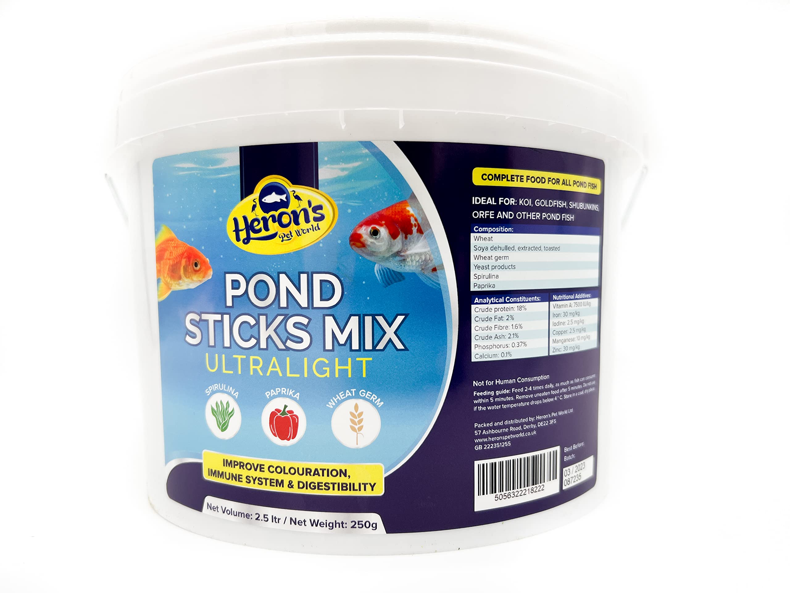 HERONS - Pond Sticks Mix Ultralight - Floating Sticks for Koi, Carp and Coldwater Fish - Immune System Boost - With Spirulina and Paprika - Complete Feed for Pond Fish - 2.5L Bucket