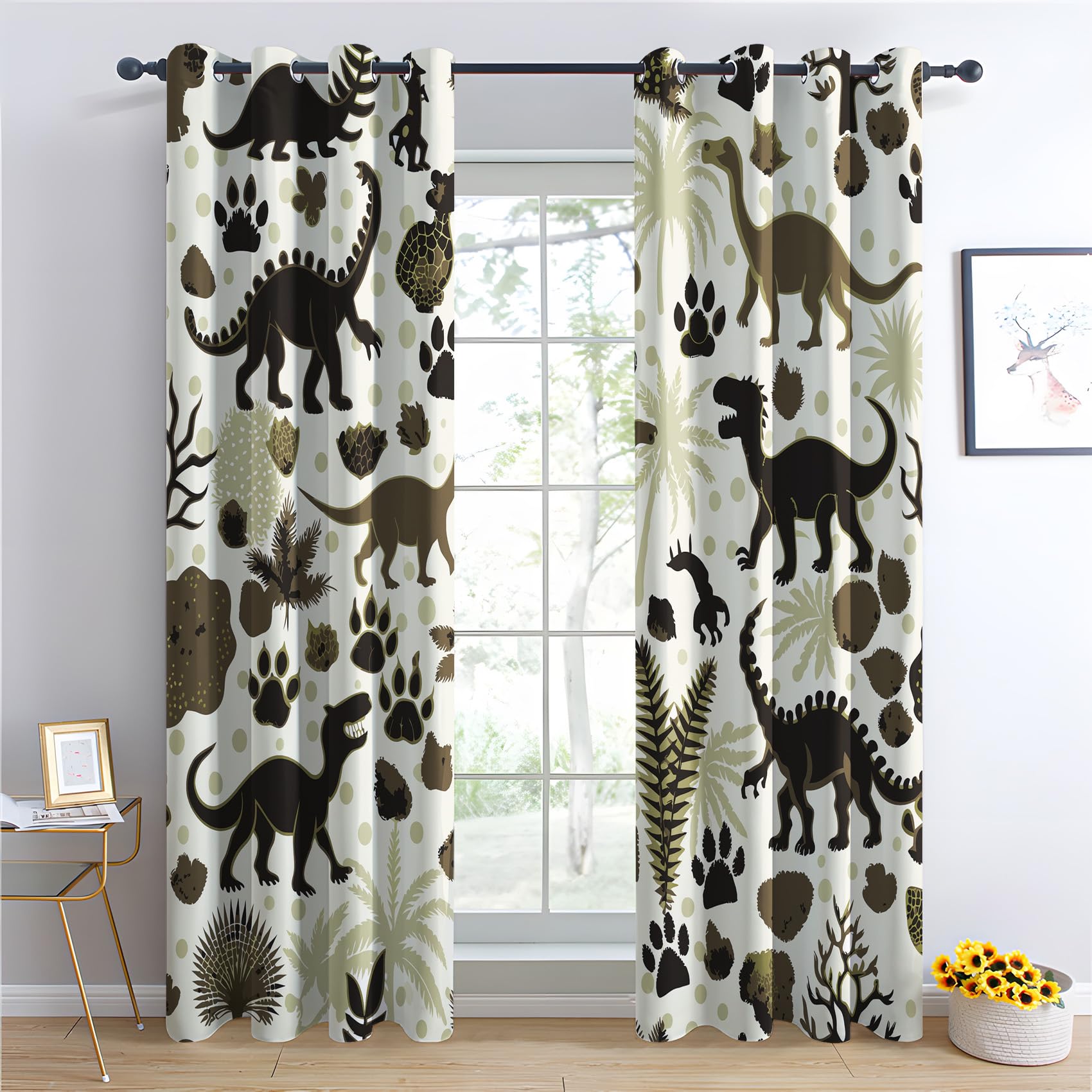Vorhänge Dinosaurier Kinder, Verdunkelungsvorhang 2er Set - Vorhang Blickdicht Dinosaurier Muster, Thermovorhang für Deko Wohnzimmer Schlafzimmer, Gardinen mit Ösen 175x140 cm (HxB)