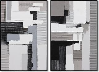 Textured Abstract Wall Art 3D Hand-painted Plaster Neutral Taupe Black White Tones Painting - Distressed Dimensional Minimalist Modern Living Room Bedroom Decor Framed Set of 2-24"x36" Each
