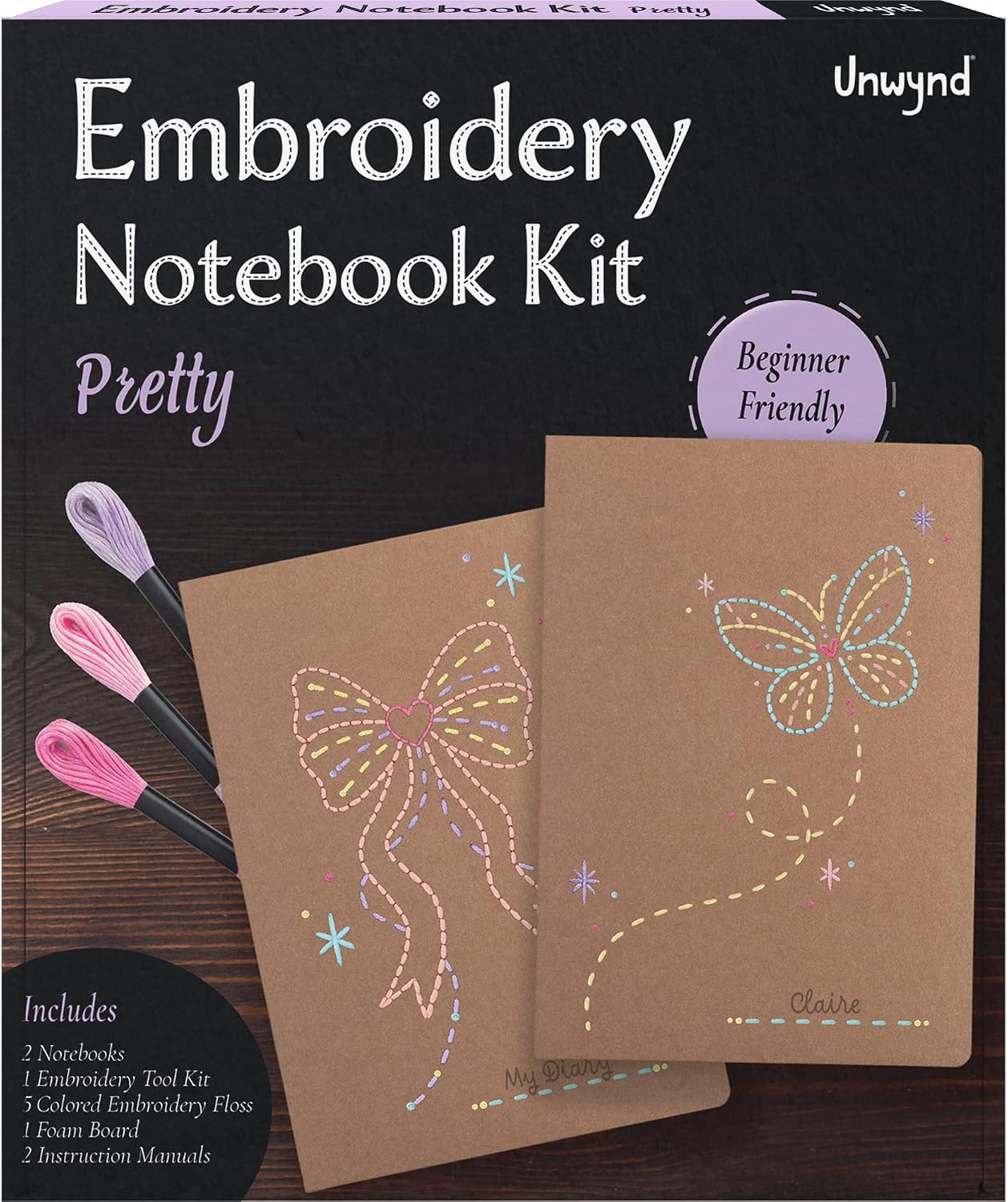 Unwynd Embroidery Notebook Kit Pretty, Embroidery Kit for Beginners & Adults, DIY Hand Stitching Craft Set, Cross Stitch kits, Needlepoint kits, 2 Notebooks with Floss, Foam Board,Stamped cross Stitch