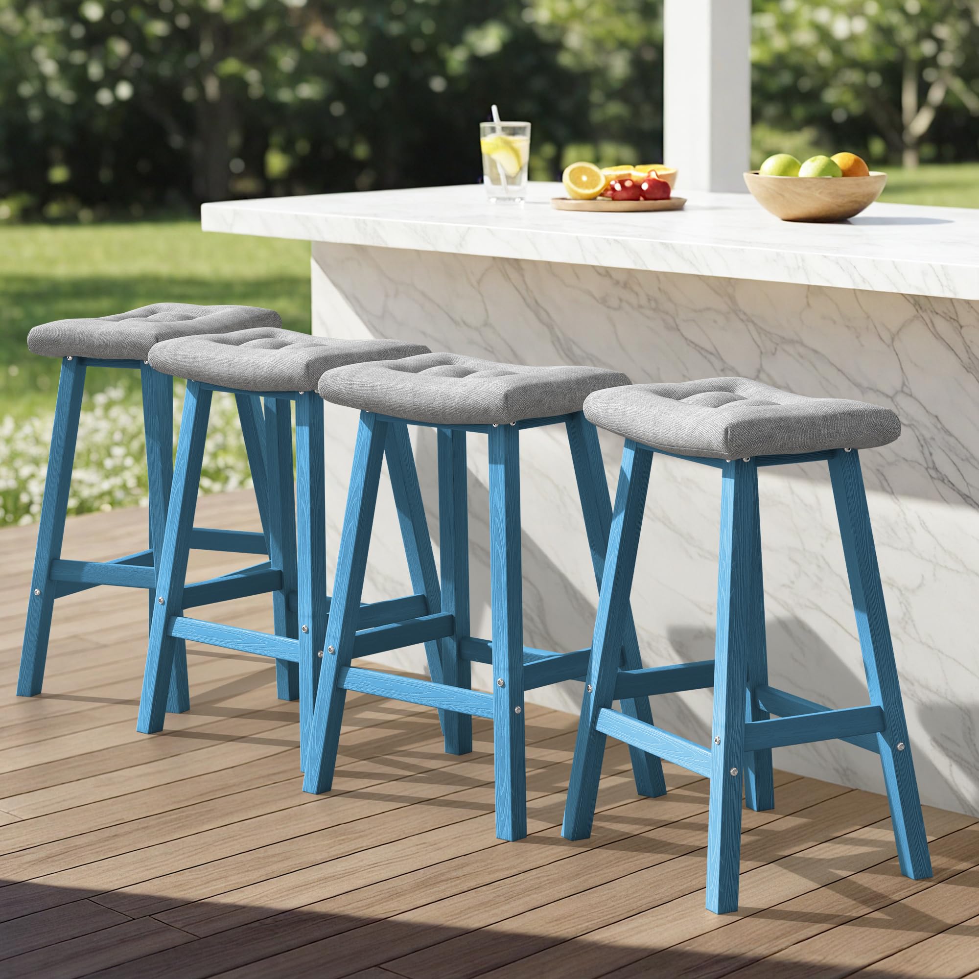 Ciokea 4 Set 29" Outdoor Bar Stools with Cushions, Heavy Duty HDPE Outdoor Stools Weatherproof Waterproof Patio Seats Modern Bar Height Tall BarStools for Bar Deck Balcony Kitchen Yard, Baby Blue