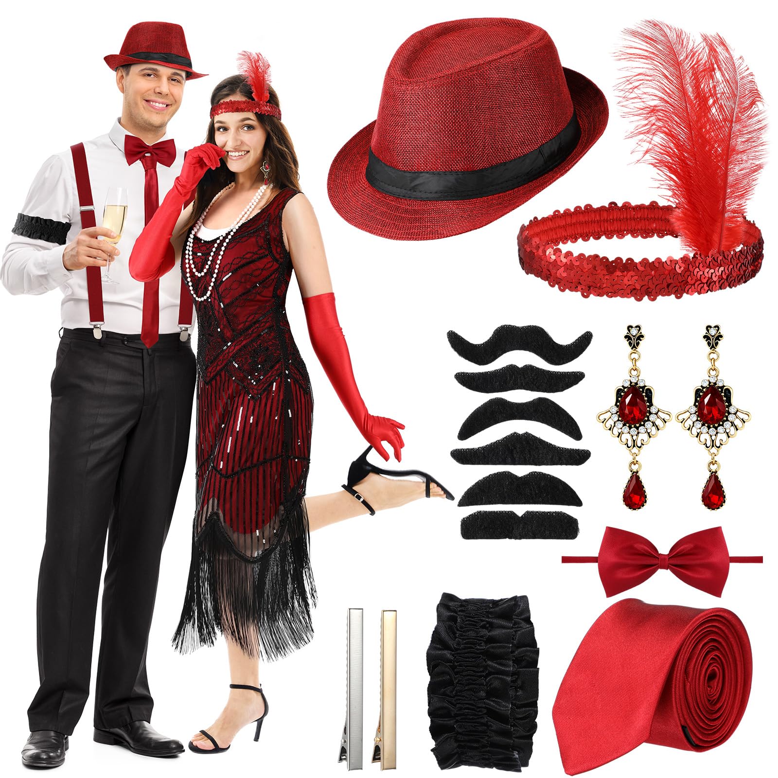 1920s Couples Costume Set Flapper Dress Hat