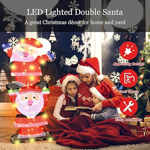 Miniatura 4 de Tangkula Letrero de Navidad doble de Papá Noel con luces LED, letrero de luz de Navidad al aire libre con estacas y luces de cadena, letrero de