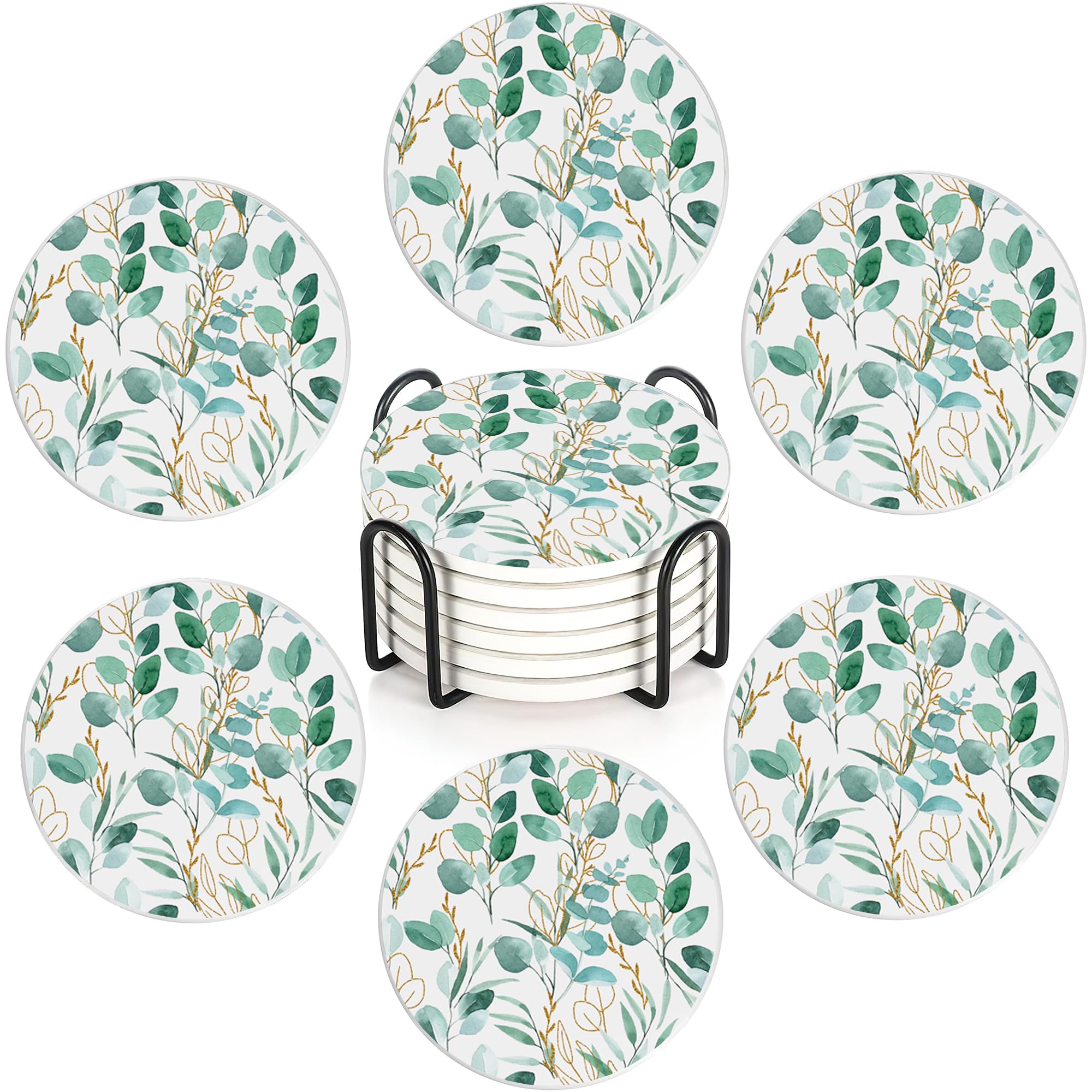 Sage Green Plants Set of 6 Absorbent Ceramic Coasters with Cork Base & Holder,10cm Round Drink Mats for Mugs, Wine Glasses - Spill Protection for Wood/Glass Tables