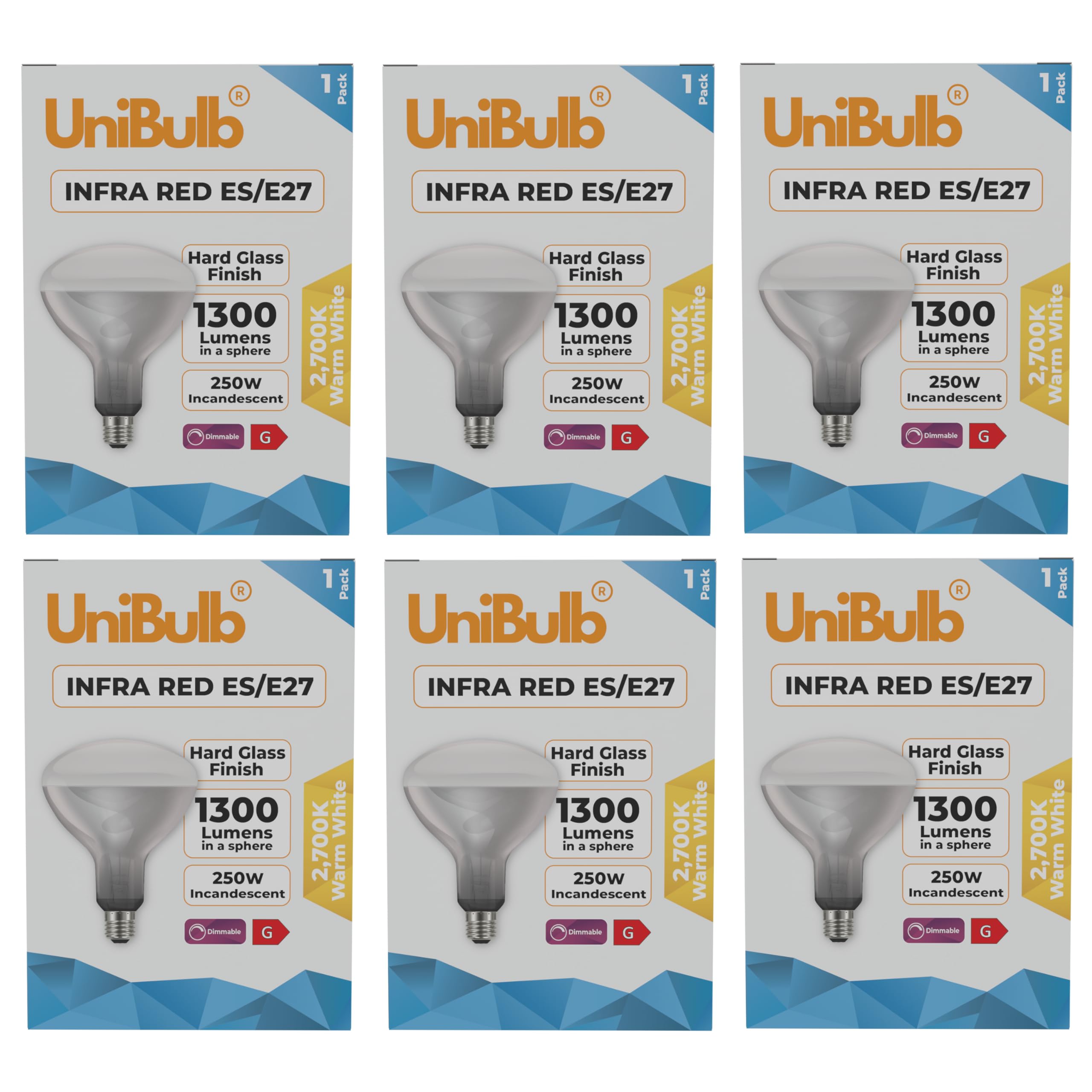 Unibulb Infra-Red Heater Lamp E27 Edison Screw (ES) 1300 Lumens 250W Heat Lamp Light Bulb, 2700k Warm White, Hard Glass Finish, Dimmable (6)