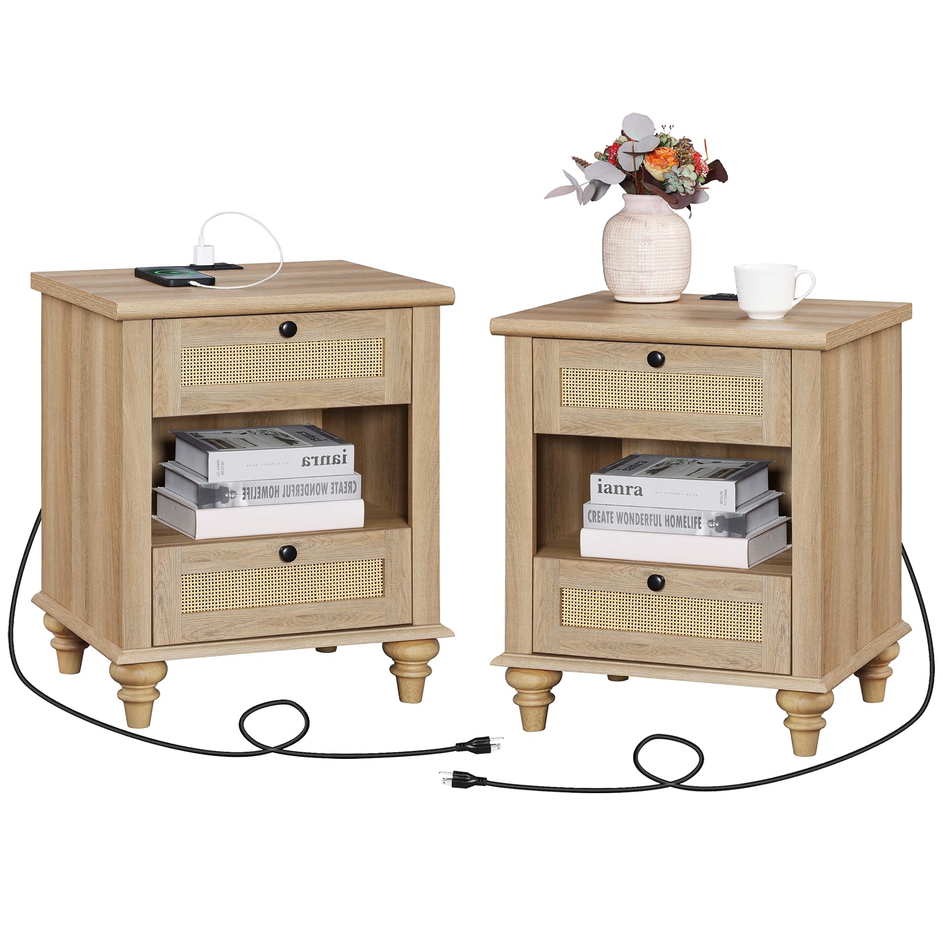 WAMPAT Set of 2 Rattan Night Stands Side Tables with Charging Station, Wood End Table for Living Room with Drawers & Shelf, Farmhouse Bedside Table