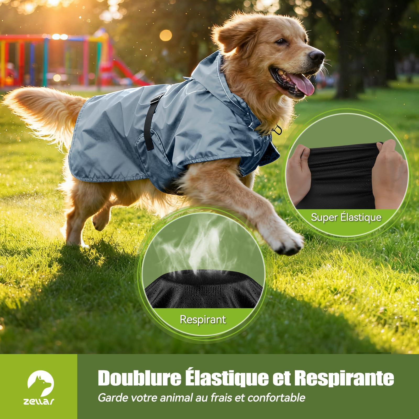Manteau de Pluie Imperméable pour Chien Zellar, Adjustable et Léger avec Bande Réfléchissante & Passage pour la Laisse, Enfilage Facile, Manteau Chien Imperméable pour Chiens Moyens et Grands, M Gris