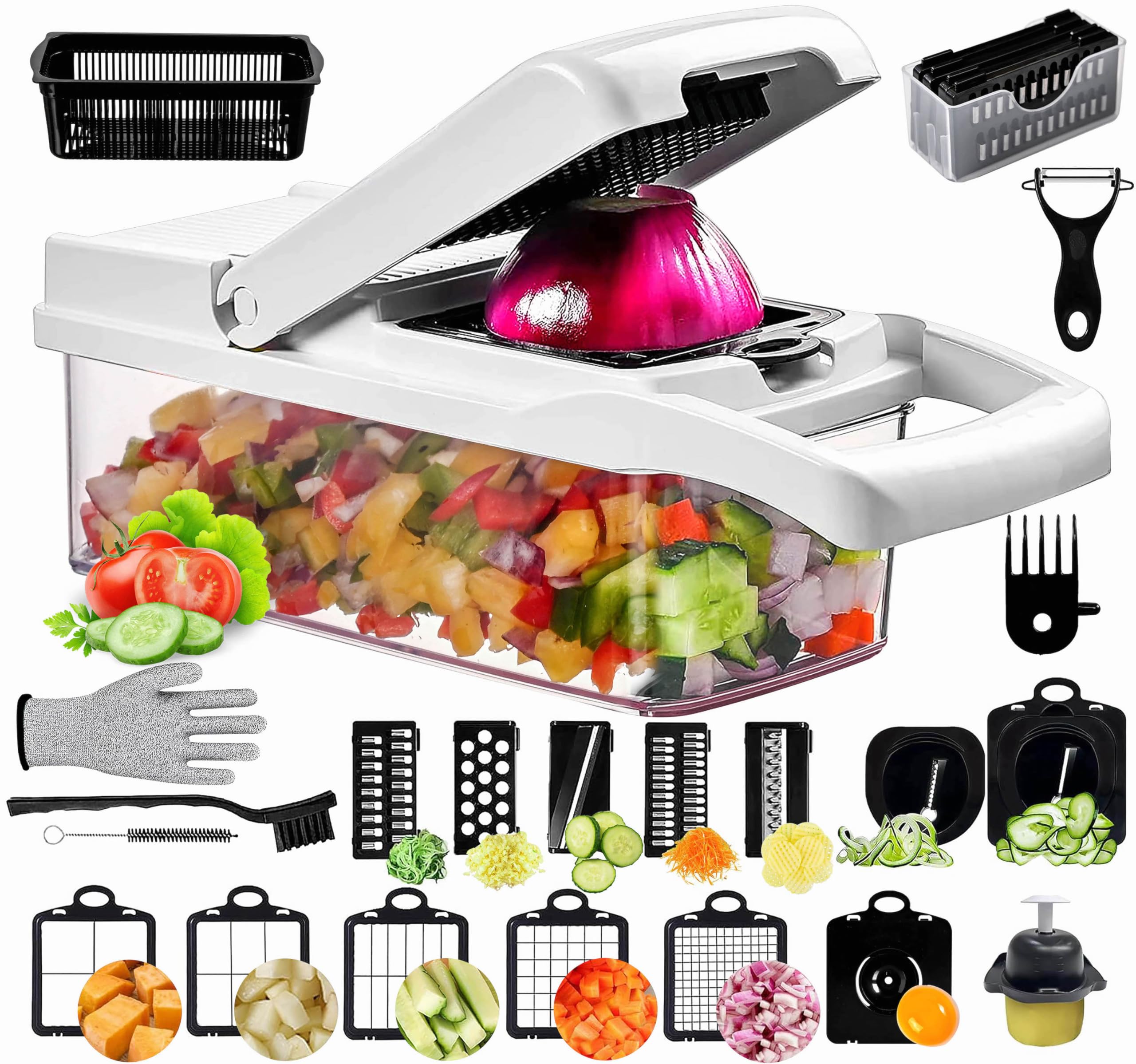 Vegetable Chopper | Pro Onion Chopper, GVTECH Multifunctional 21 + 5 in 1 Food Chopper, Kitchen Vegetable Slicer Dicer Cutter, Peeler Veggie Chopper With 12 Blades, Garlic Chopper (26 Pack)